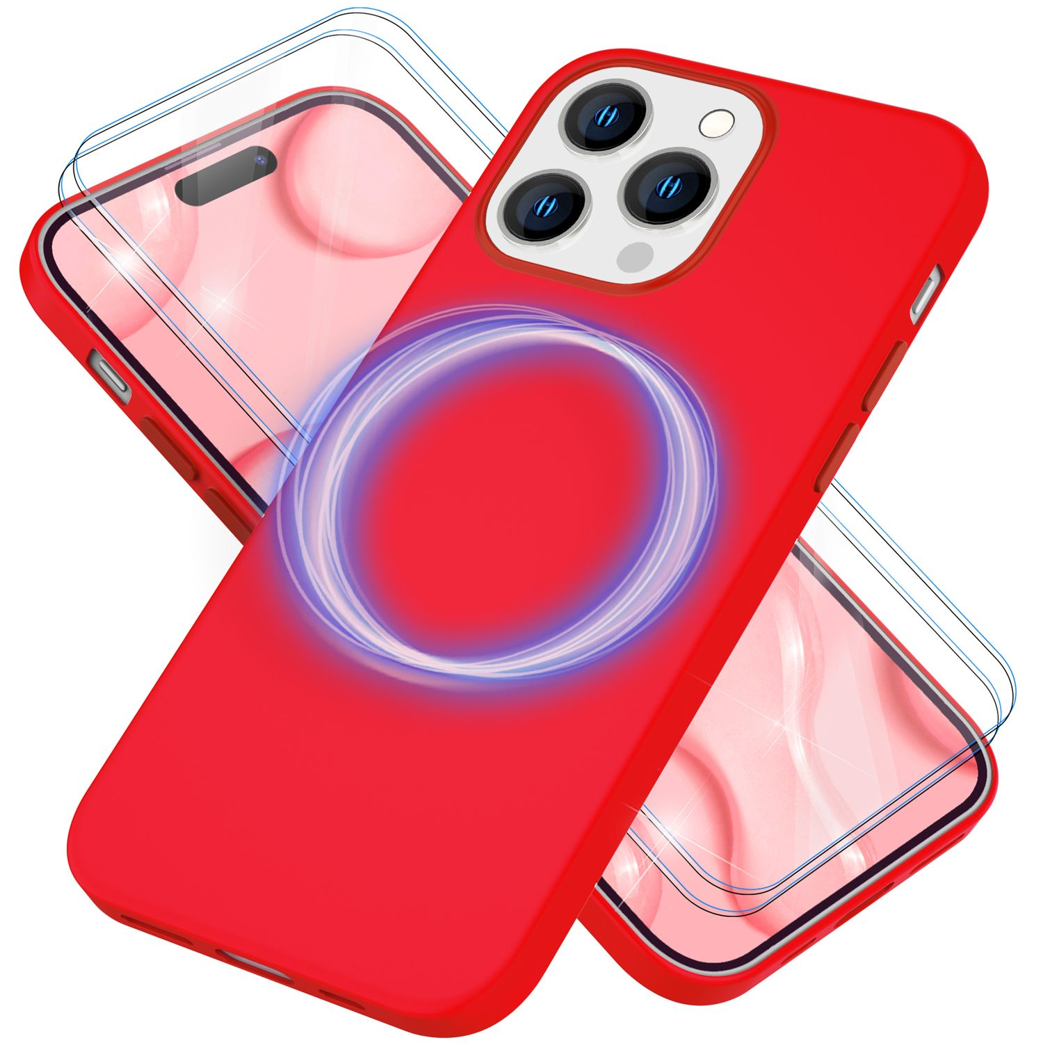 Hülle Rot & Schutzglas, Liquid Silikon Pro, MagSafe 14 Display 2x Apple, NALIA Backcover, iPhone