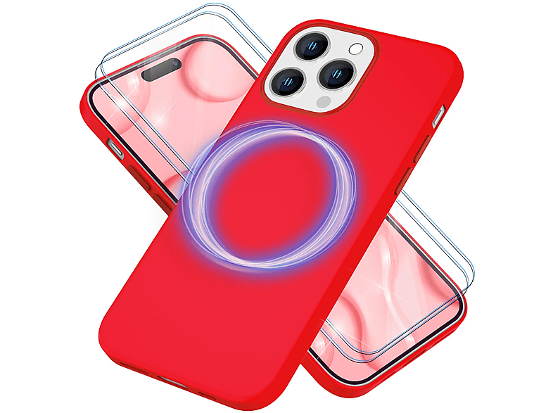 NALIA Liquid Silikon MagSafe Hülle & 2x Display Schutzglas, Backcover, Apple, iPhone 14 Pro, Rot