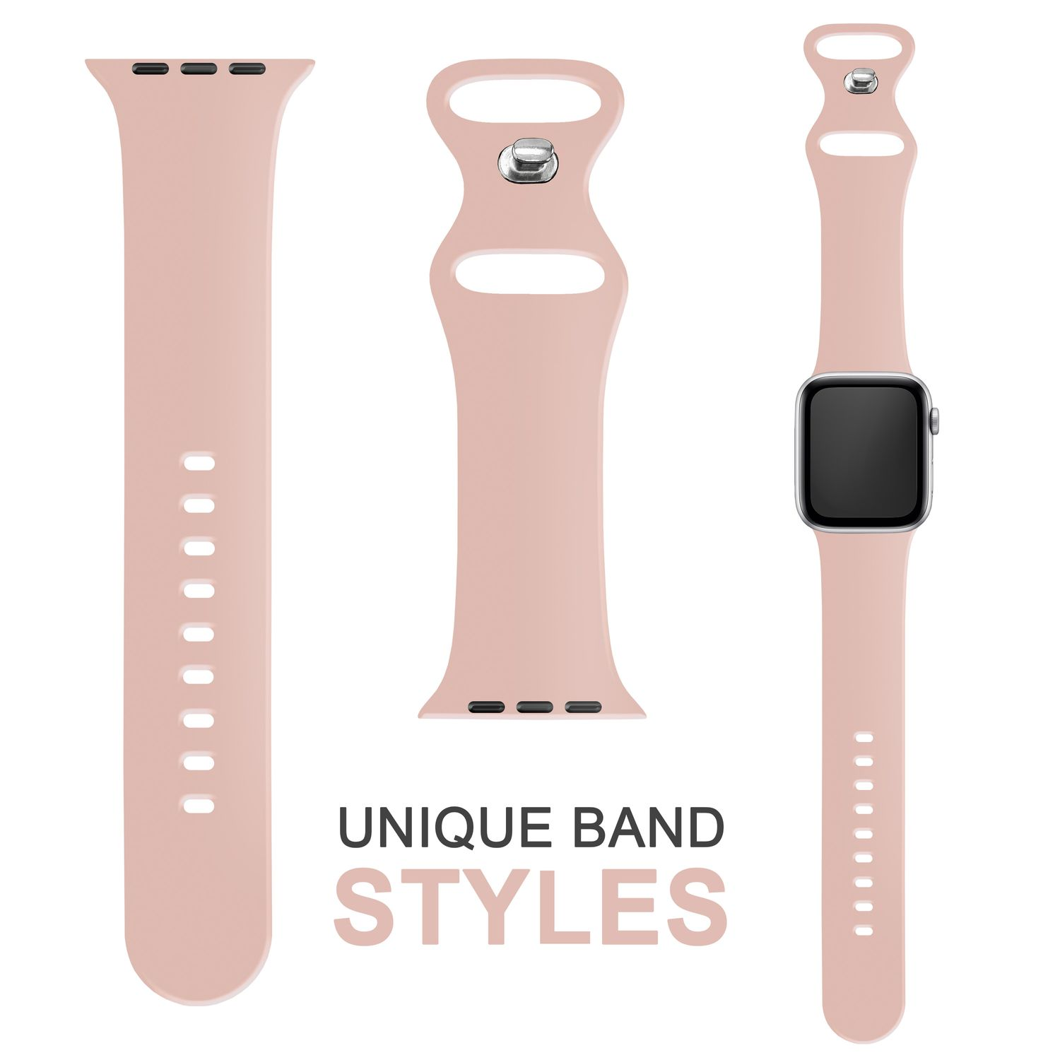 Drei rosa Uhrenarmbänder und eine Uhr. Die Armbänder haben verschiedene Stile.