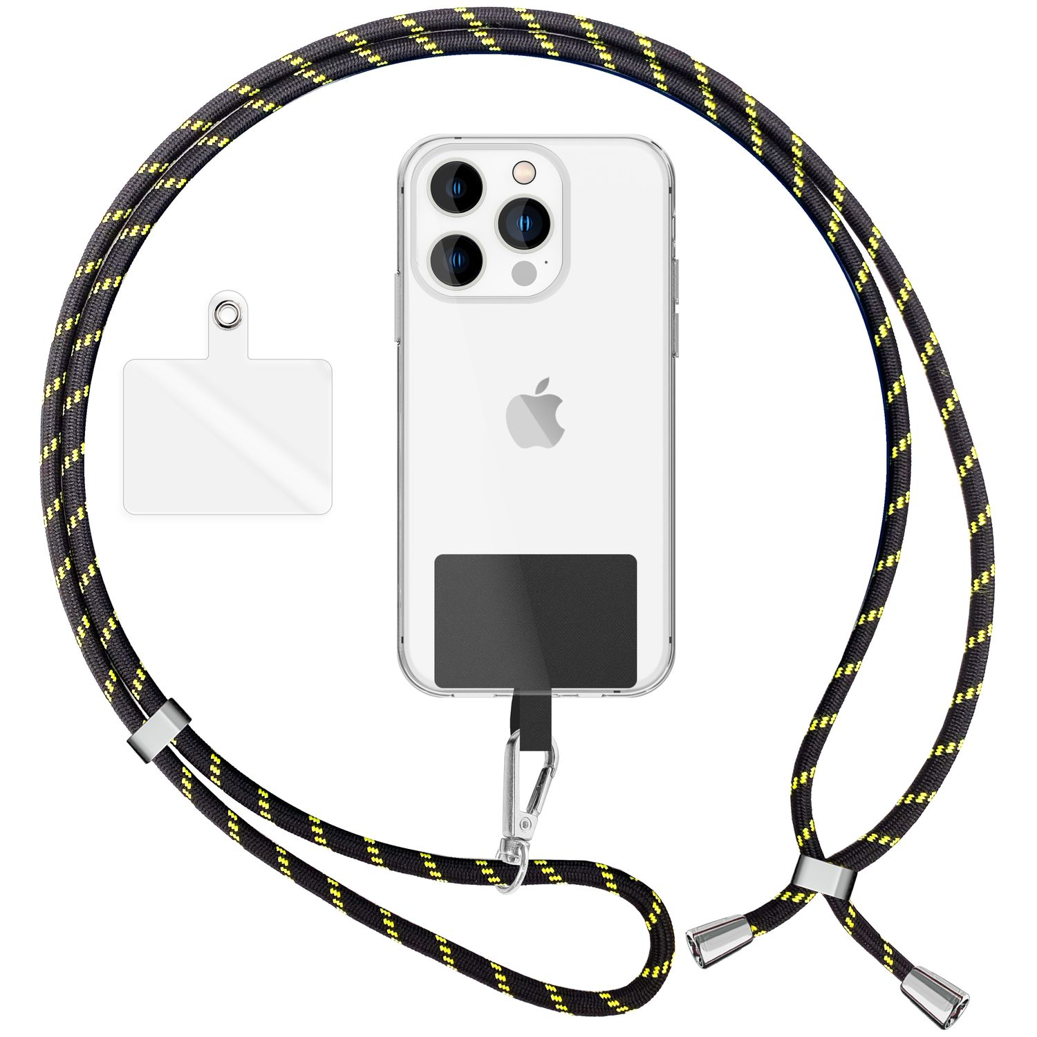Eine transparente Handyhülle mit einem Lanyard. Das Lanyard ist schwarz und gelb mit silbernen Metallakzenten.