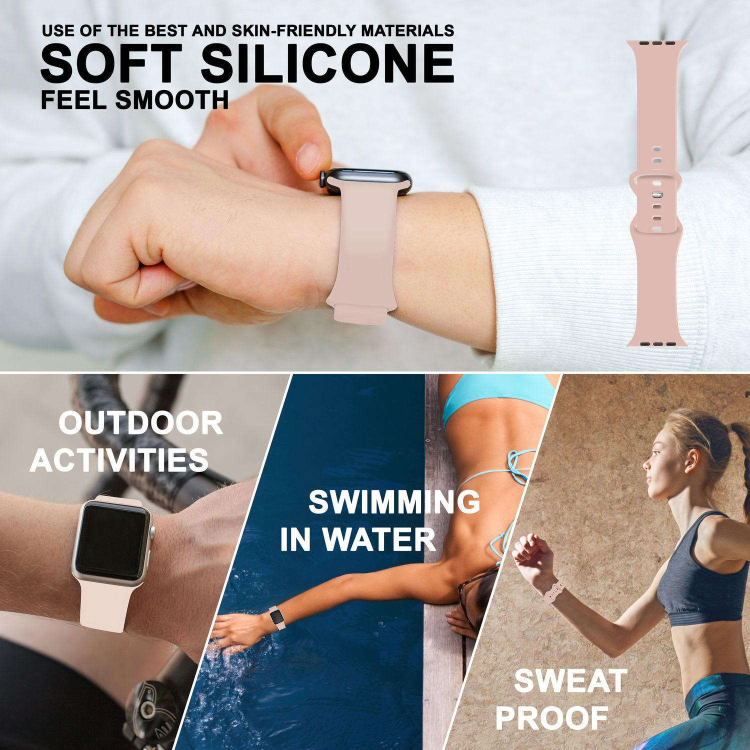Armbanduhr und Armband. Zu den Merkmalen gehören Outdoor-Aktivitäten, Schwimmen und schweißfeste Materialien.