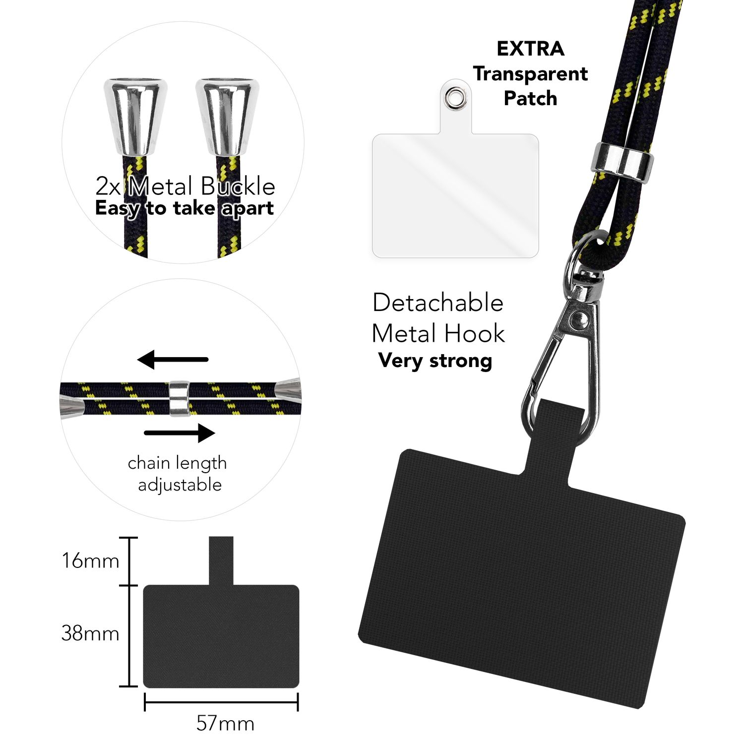 Nahaufnahme der Details eines Telefon-Lanyards: Metallschnallen, verstellbare Kette und abnehmbarer Metallhaken.