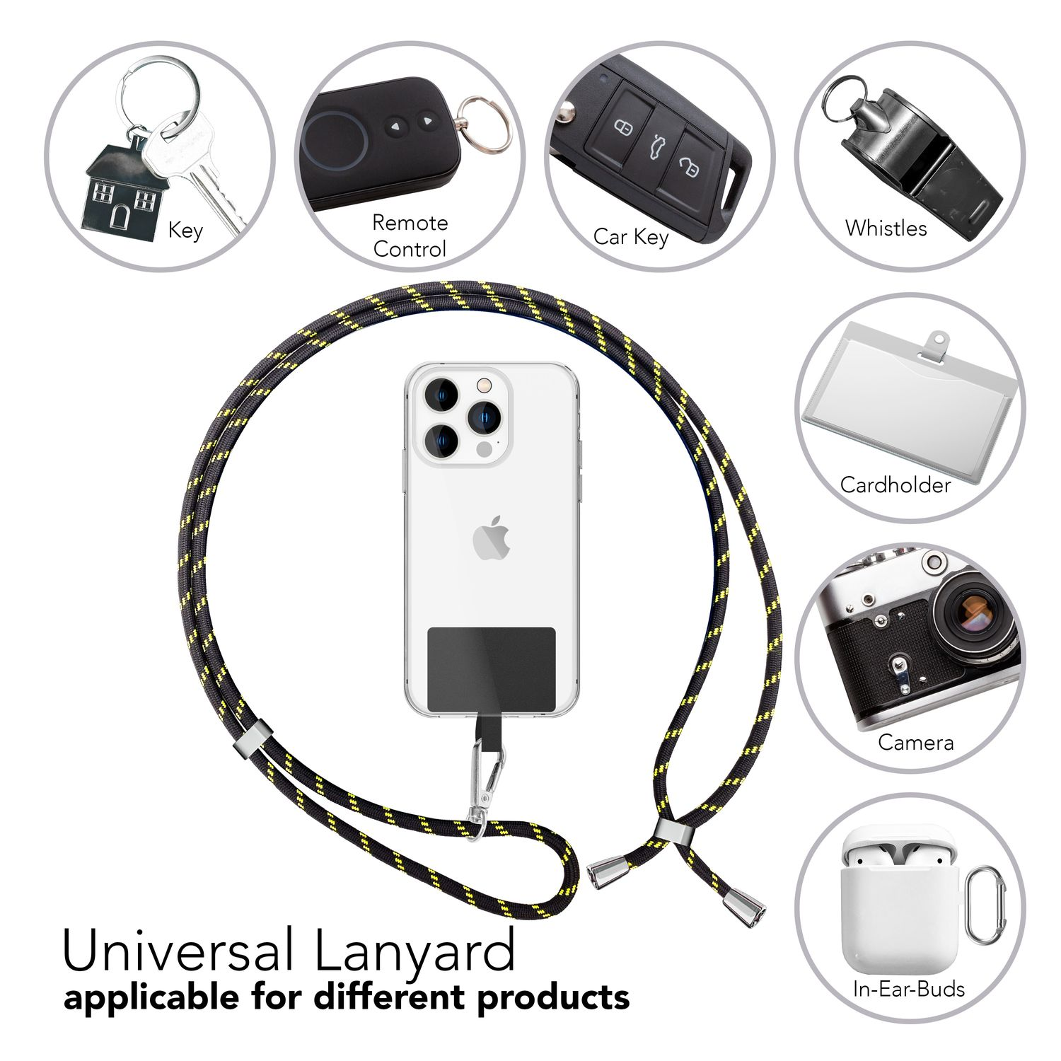 Ein Lanyard, das ein Telefon und verschiedene Gegenstände wie Schlüssel, Fernbedienung, Autoschlüssel, Kamera und Ohrhörer hält.