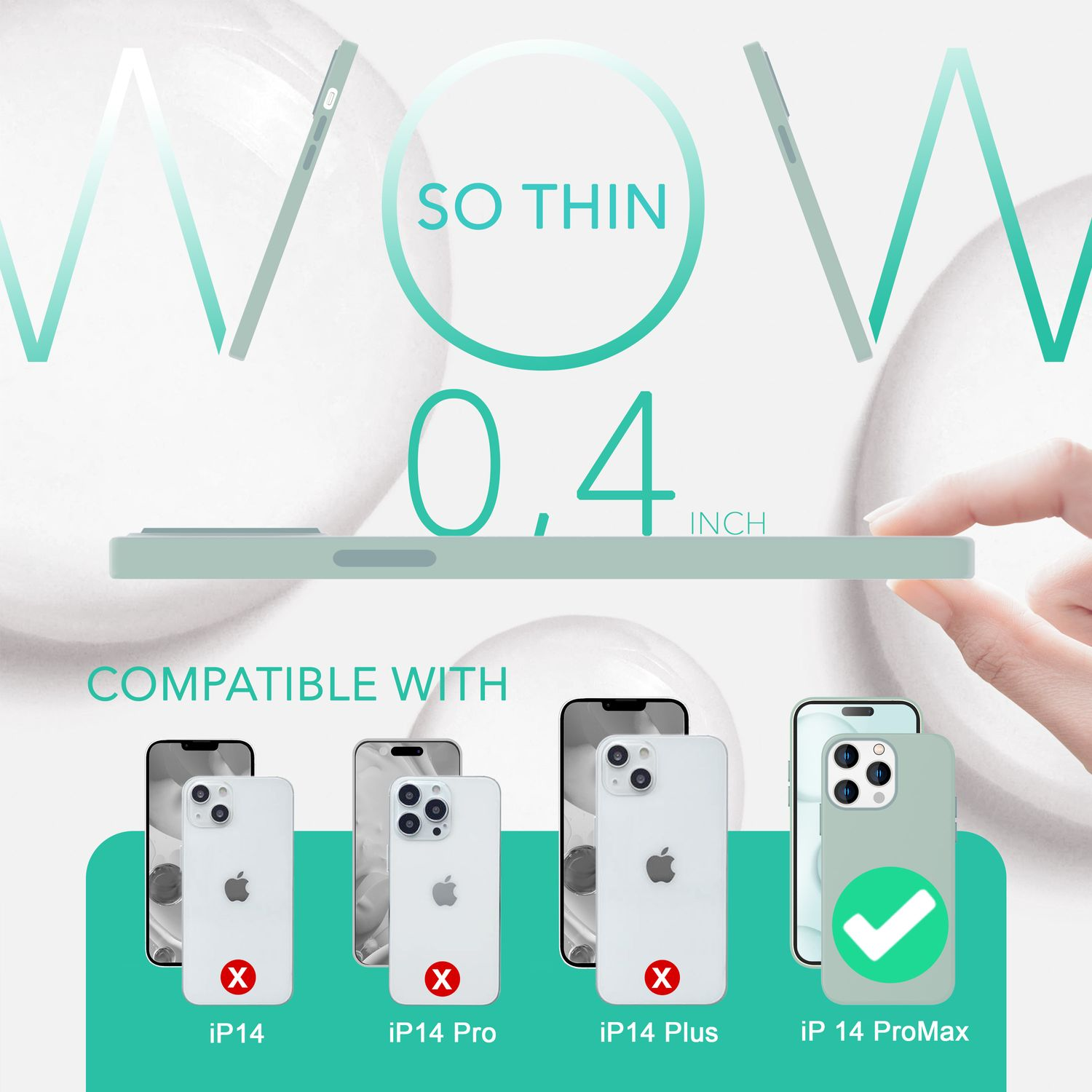 Imagen muestra una funda de teléfono con texto 'SO THIN' y '0.4 inch', con modelos.