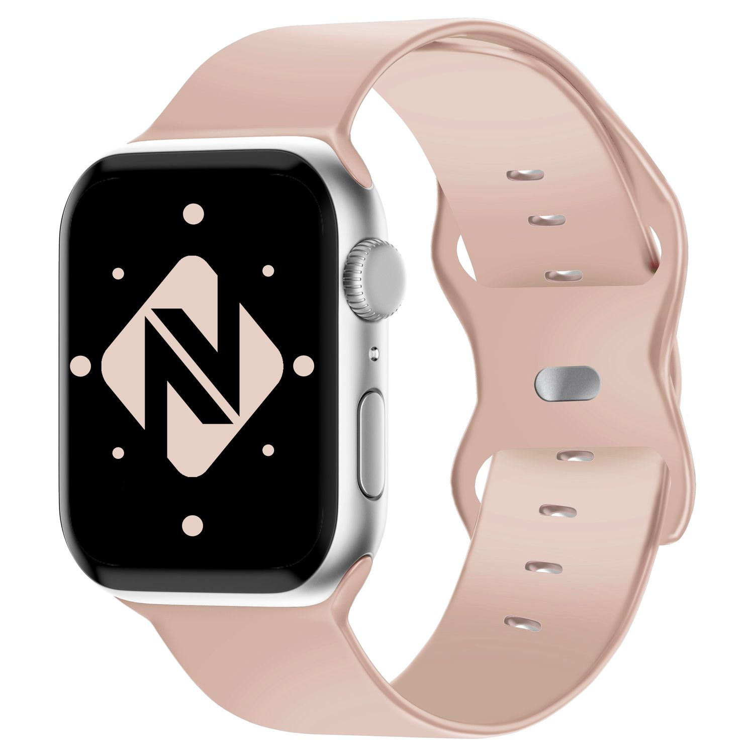 Smartwatch mit rosa Armband, das ein Zifferblatt mit einem Logo zeigt.