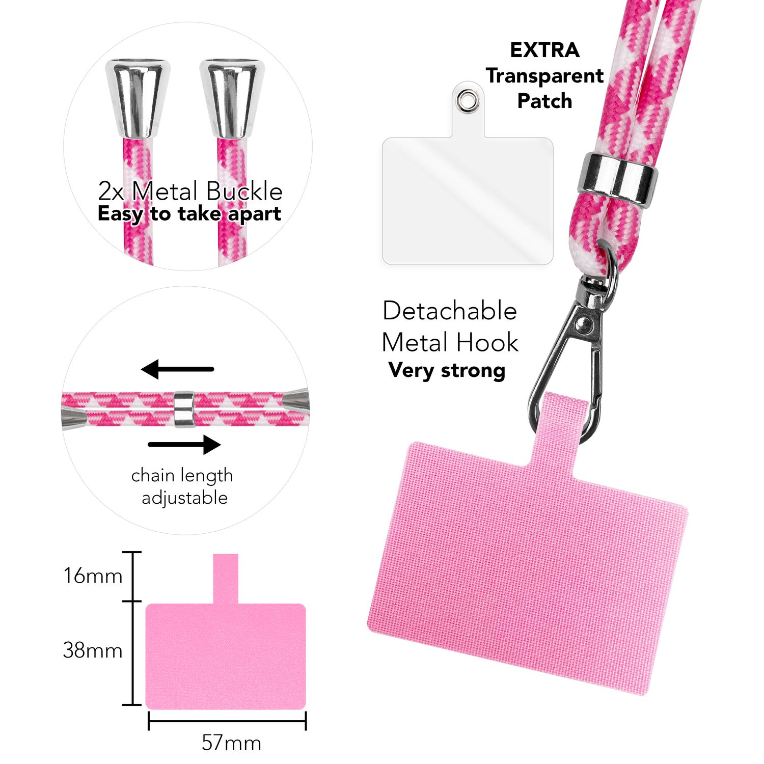 Nahaufnahme der Details eines rosa karierten Telefon-Lanyards: Metallschnallen, verstellbare Kette und Metallhaken.