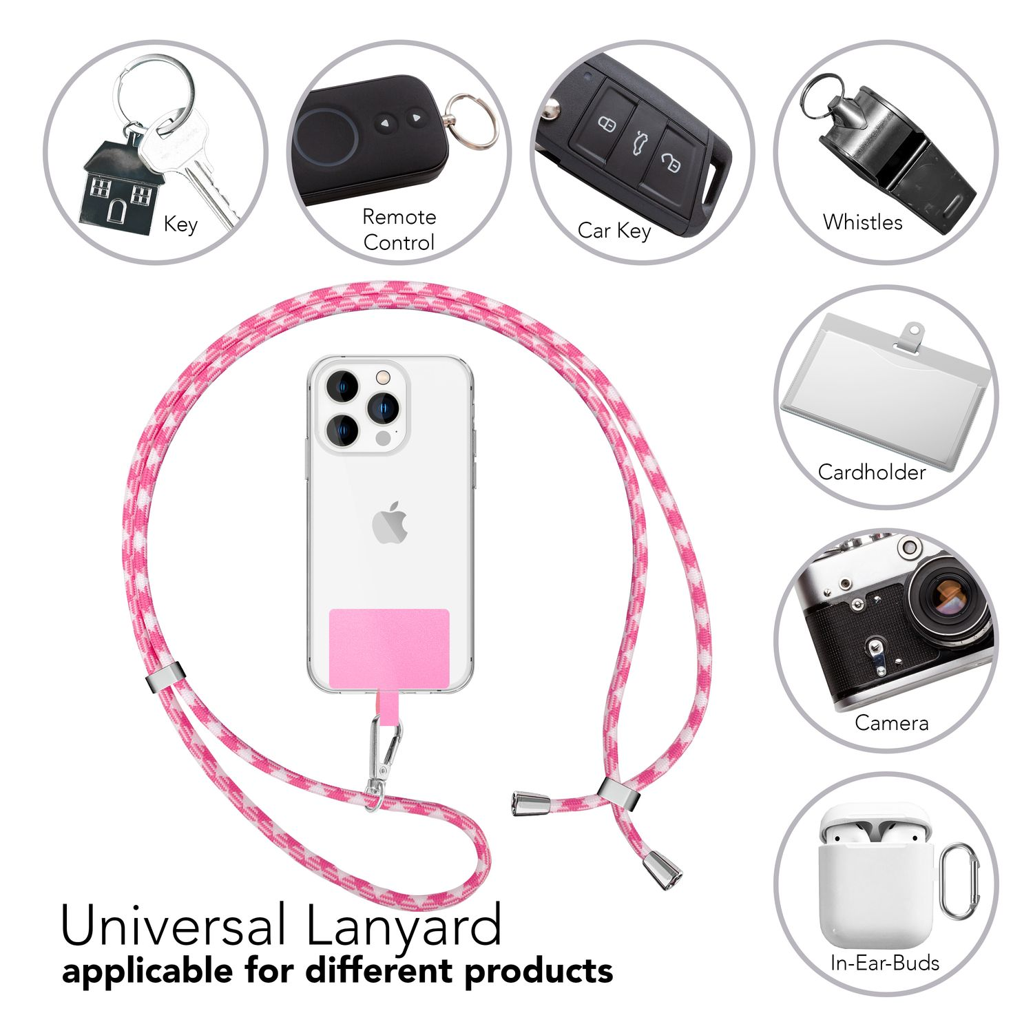 Ein Lanyard, das ein Telefon und verschiedene Gegenstände wie Schlüssel, Fernbedienung, Autoschlüssel, Kamera und Ohrhörer hält. Rosa kariert.