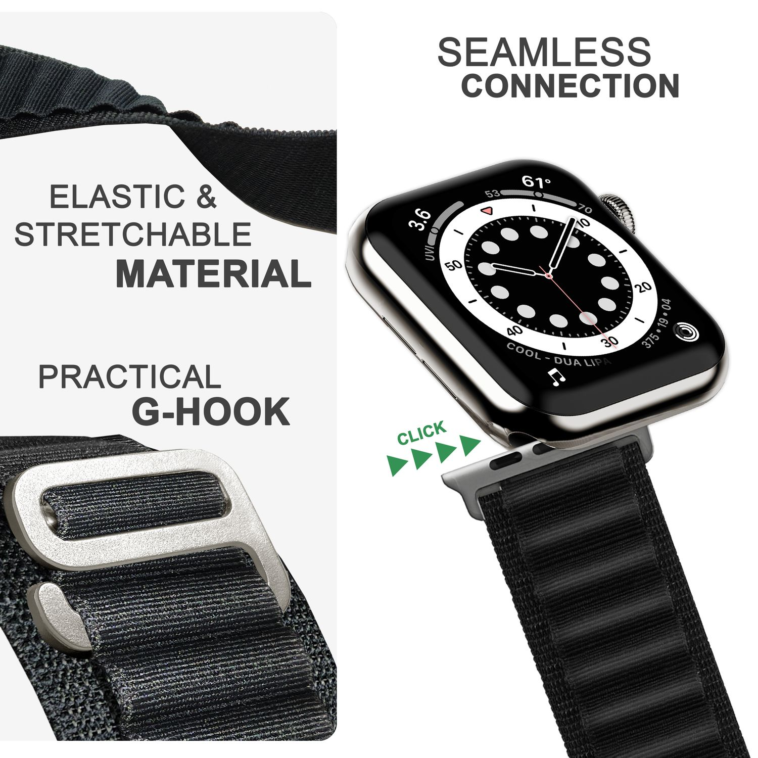 Smartwatch mit schwarzem Armband und G-Haken. Text: Elastisches & dehnbares Material.
