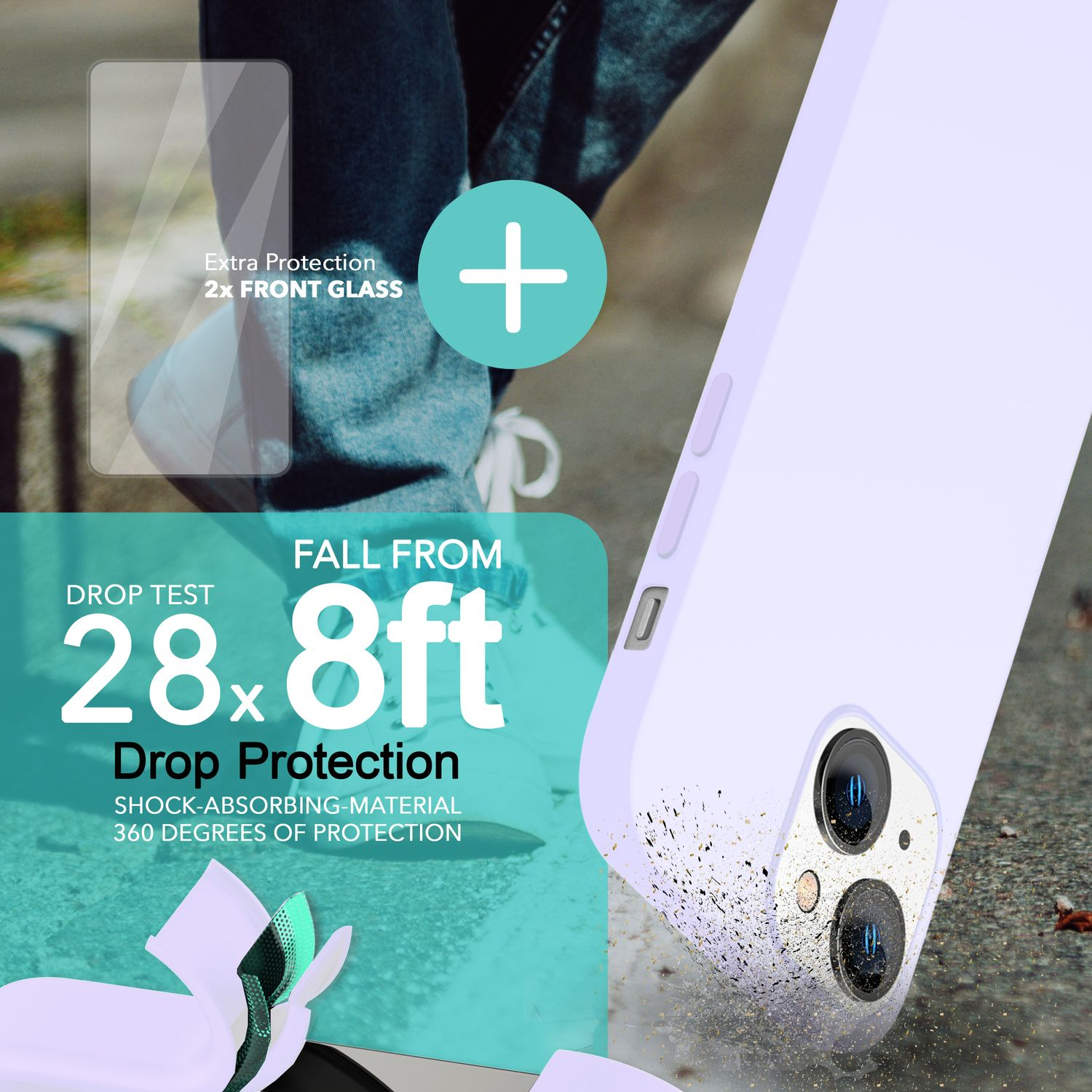Eine Handyhülle mit dem Worten 'Drop Protection' wird gezeigt. Sie ist aus 28,8 ft gefallen. Zusätzlicher Schutz mit Frontglas.