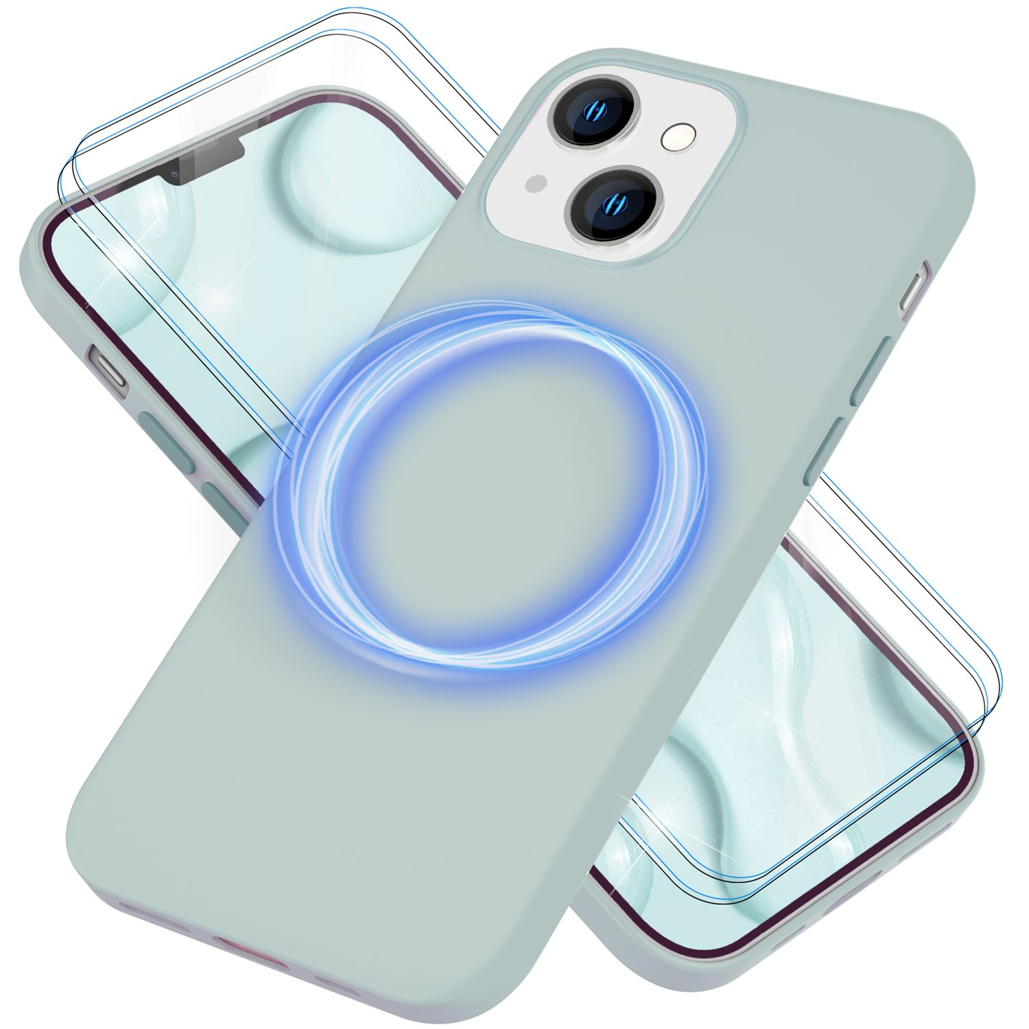 Eine hellgrüne Handyhülle mit einem blau leuchtenden Ring und zwei Displayschutzfolien. Das Telefon hat zwei Kameras.
