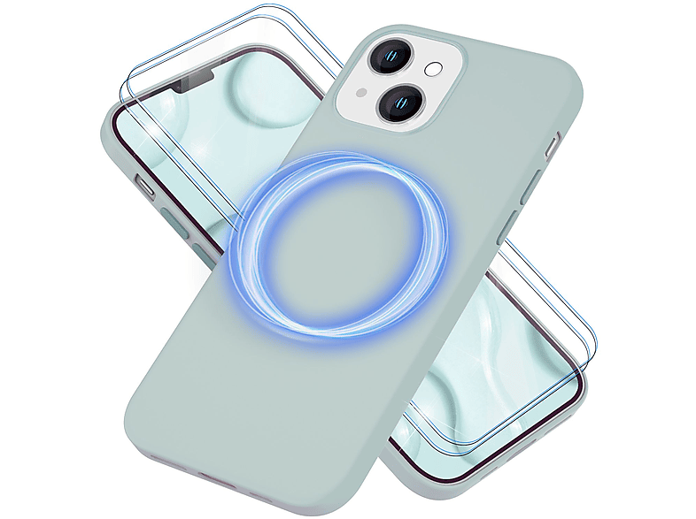 NALIA Liquid Silikon MagSafe Hülle & 2x Display Schutzglas, Backcover, Apple, iPhone 14, Grün