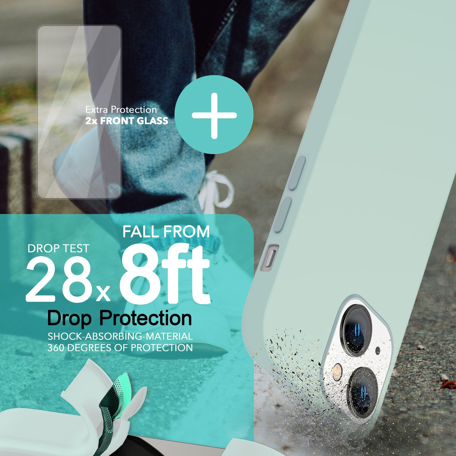 Das Bild zeigt eine Handyhülle mit dem Text "DROP TEST 28.8ft Drop Protection". Im Hintergrund ist eine Person und zerbrochenes Glas zu sehen.