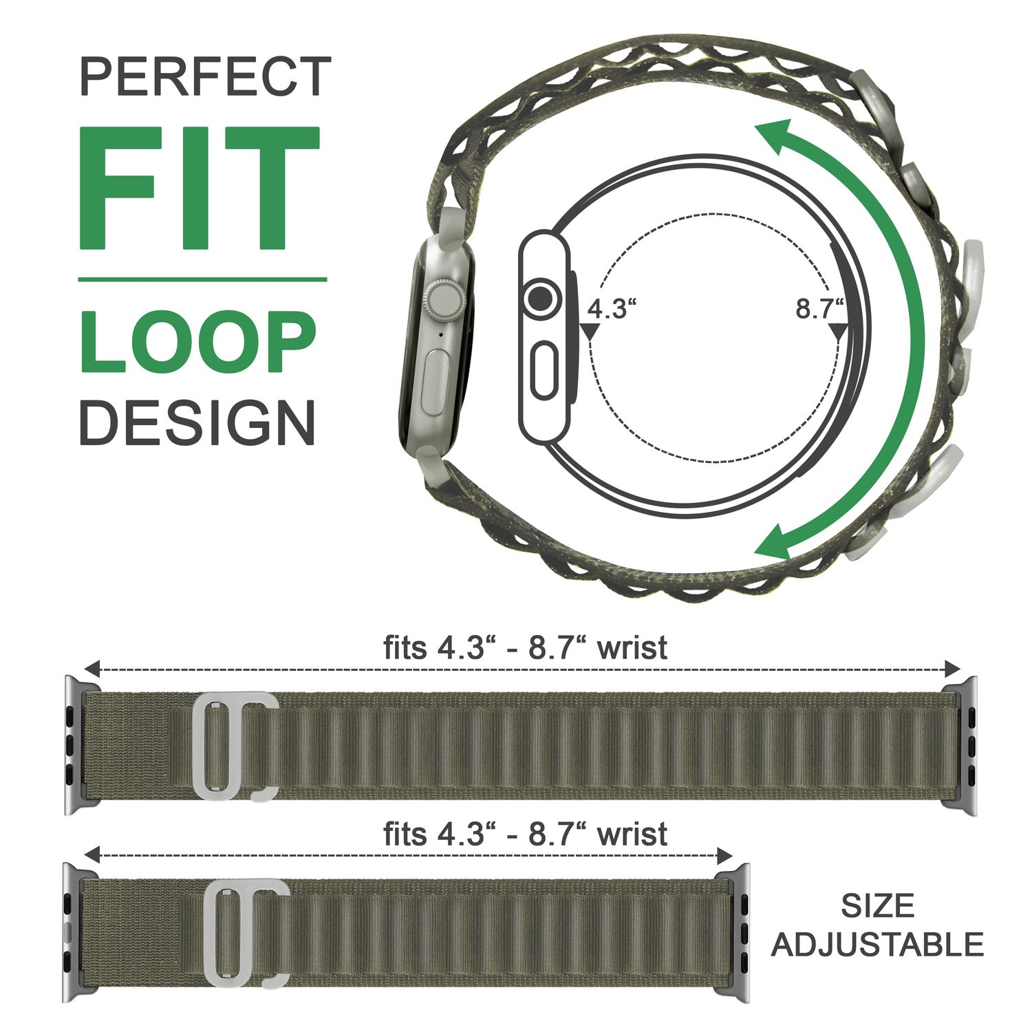 Armbanduhr, passend für 4,3" - 8,7" Handgelenk, mit Diagramm und Text.