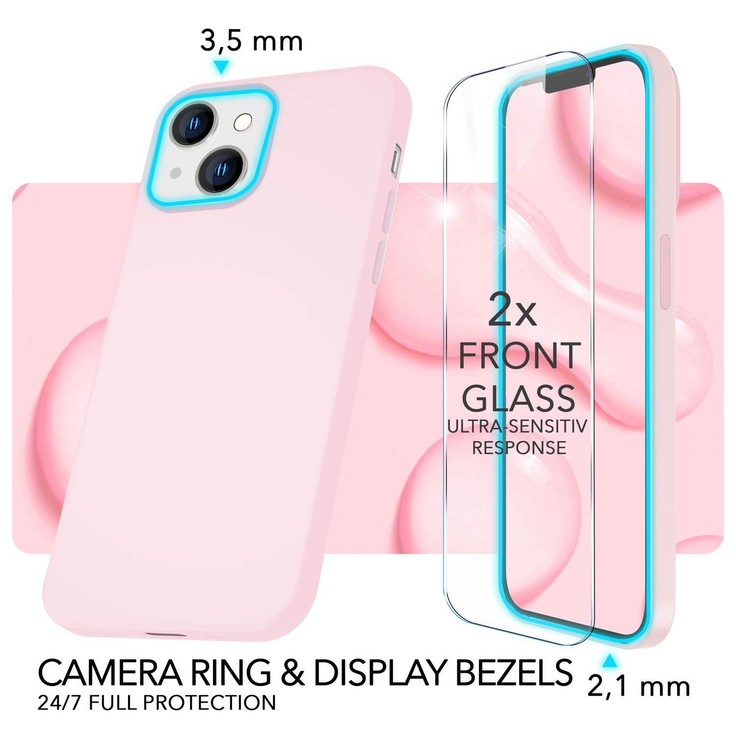 Eine rosa Handyhülle und Displayschutzfolie werden angezeigt. Text hebt Funktionen wie Kameraschutz und 2x Frontglas hervor.