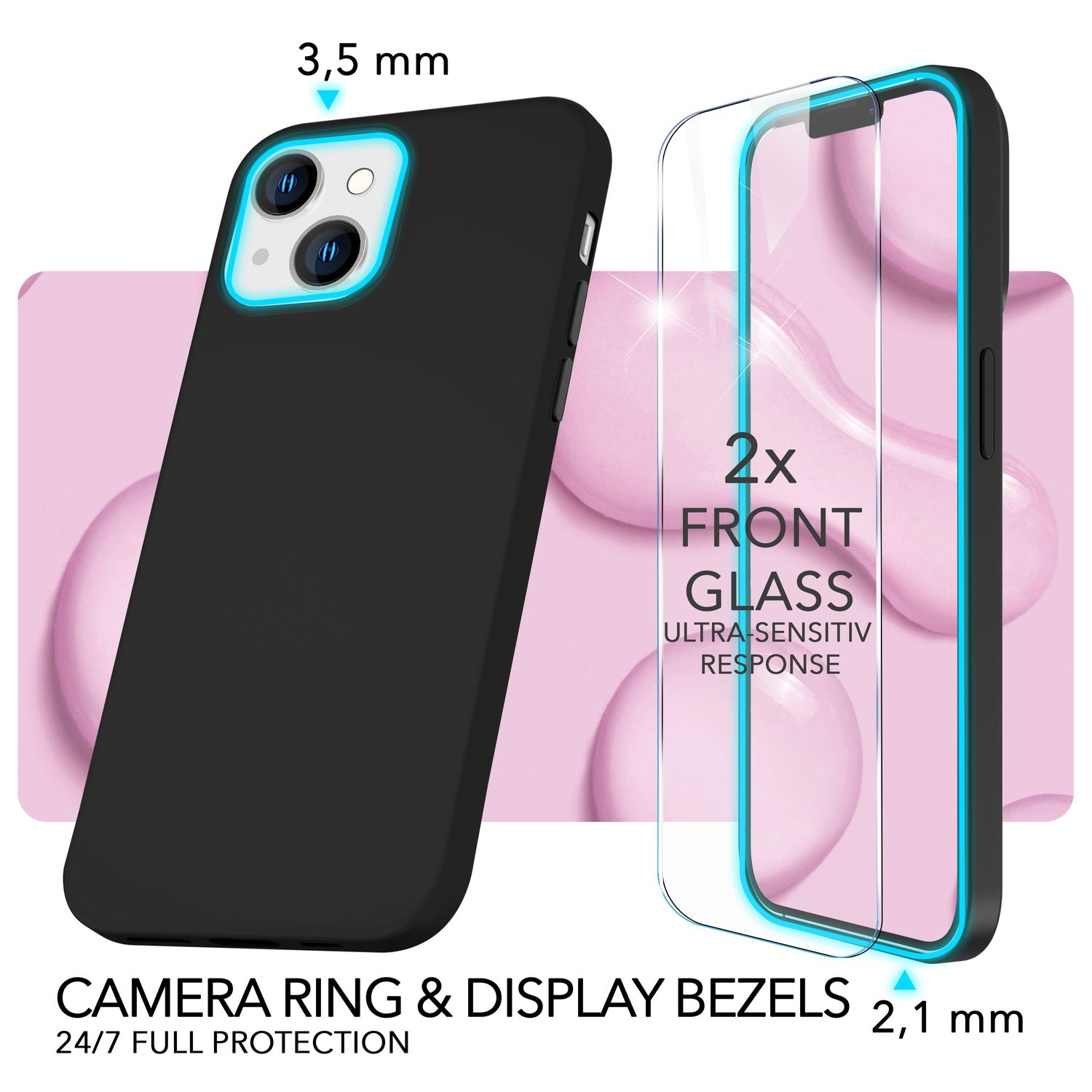 Eine schwarze Handyhülle und eine Displayschutzfolie werden angezeigt. Text auf der Displayschutzfolie lautet '2x Front Glass'. Details zum Schutz.