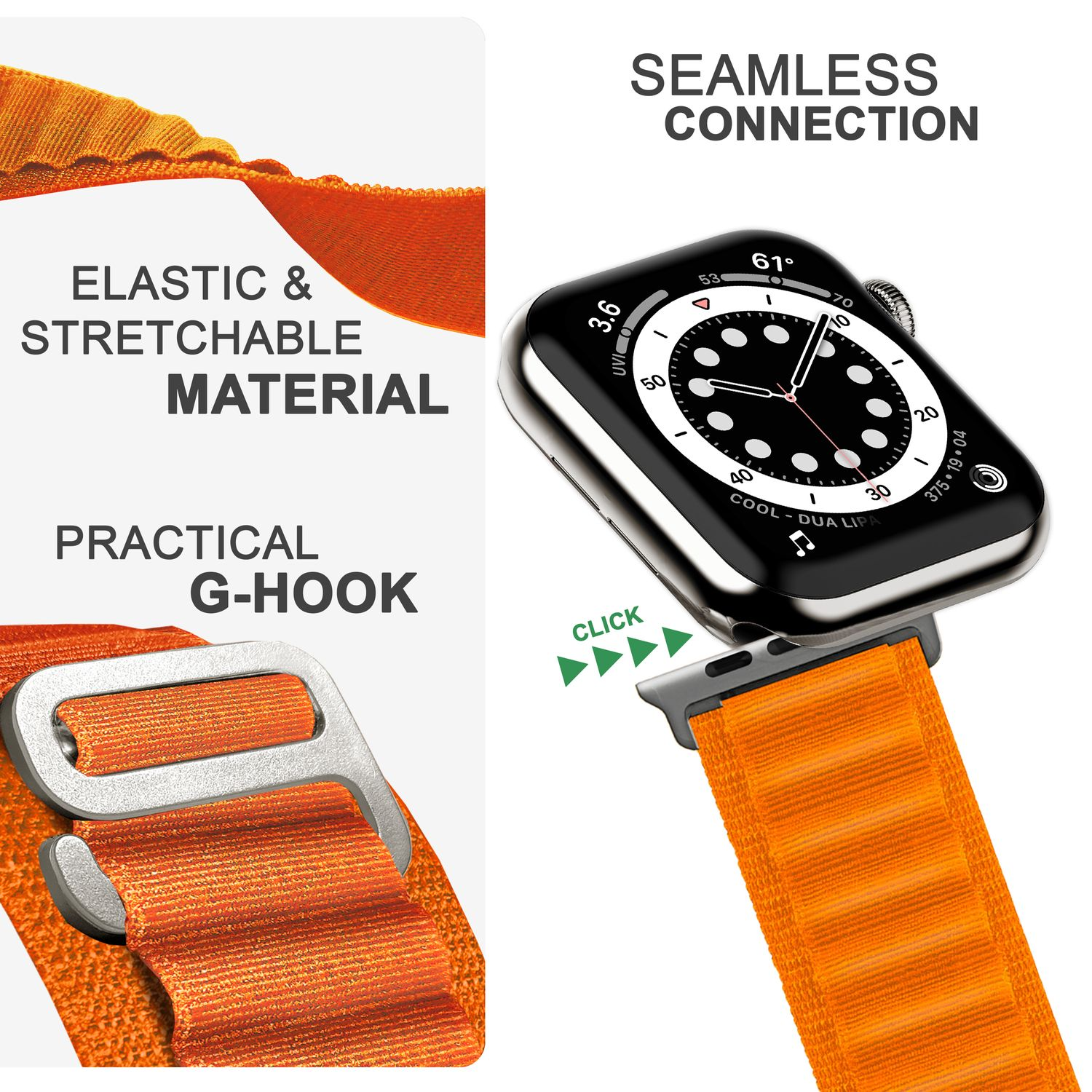 NALIA Alpine Orange Nylon Ersatzarmband, Apple, Apple Watch Wechselarmband, 42mm/44mm/45mm/49mm