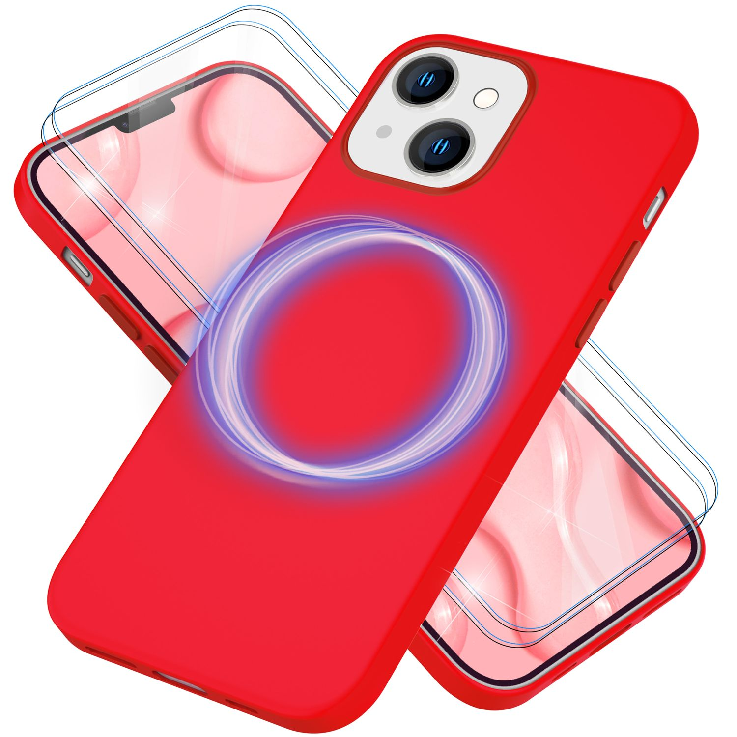 Rote Handyhülle mit Displayschutzfolien. Die Hülle hat ein blau leuchtendes Kreisdesign. Das Telefon hat zwei Kameras.