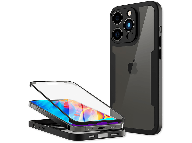 NALIA Custodia Ibrida 360° Per IPhone 14 Pro Max - Cover Trasparente Anti-Giallo Con Paraurti Nero E Pellcola Inclusa - 3