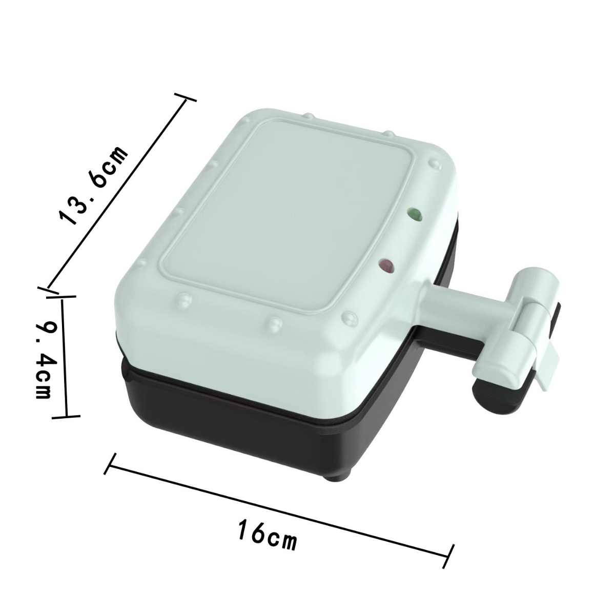 Ein weißes und schwarzes Gerät mit beschrifteten Abmessungen: 13,6 cm hoch, 9,4 cm tief und 16 cm breit.