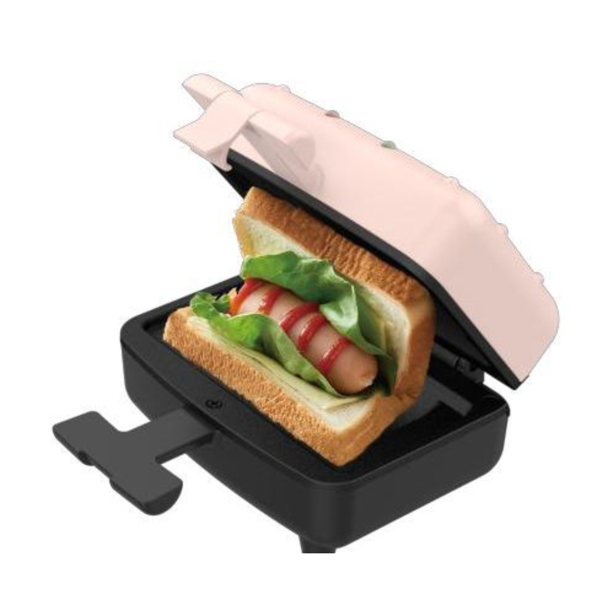 Offener rosa Sandwichmaker mit einem Sandwich mit Hotdog, Salat und Ketchup.