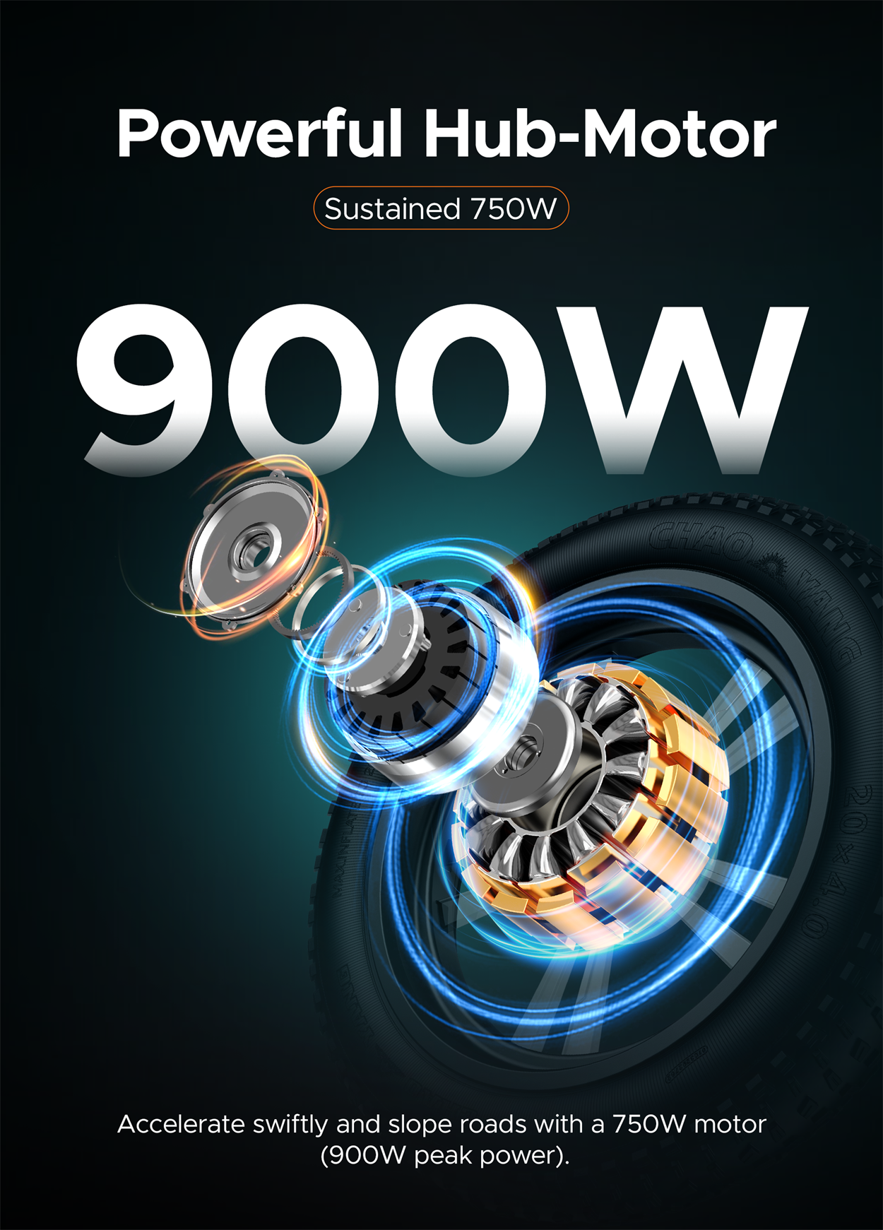 Un grafico che mostra un motore a mozzo da 900 W per una bici elettrica. Il motore è oro e blu. Il testo indica che supporta 750 W.