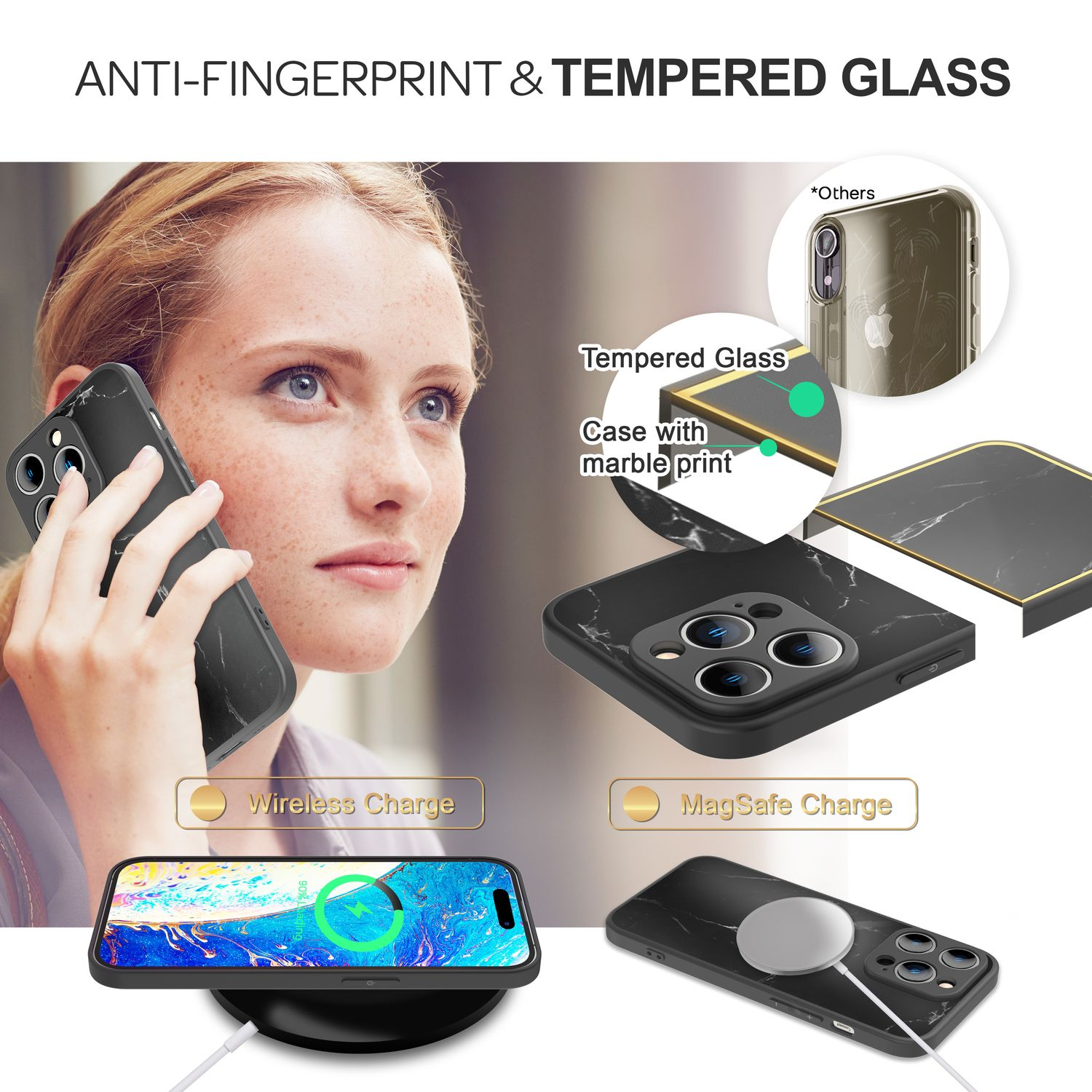 Frau benutzt Handy mit Hülle im Marmor-Design. Kabelloses und MagSafe-Laden werden gezeigt.