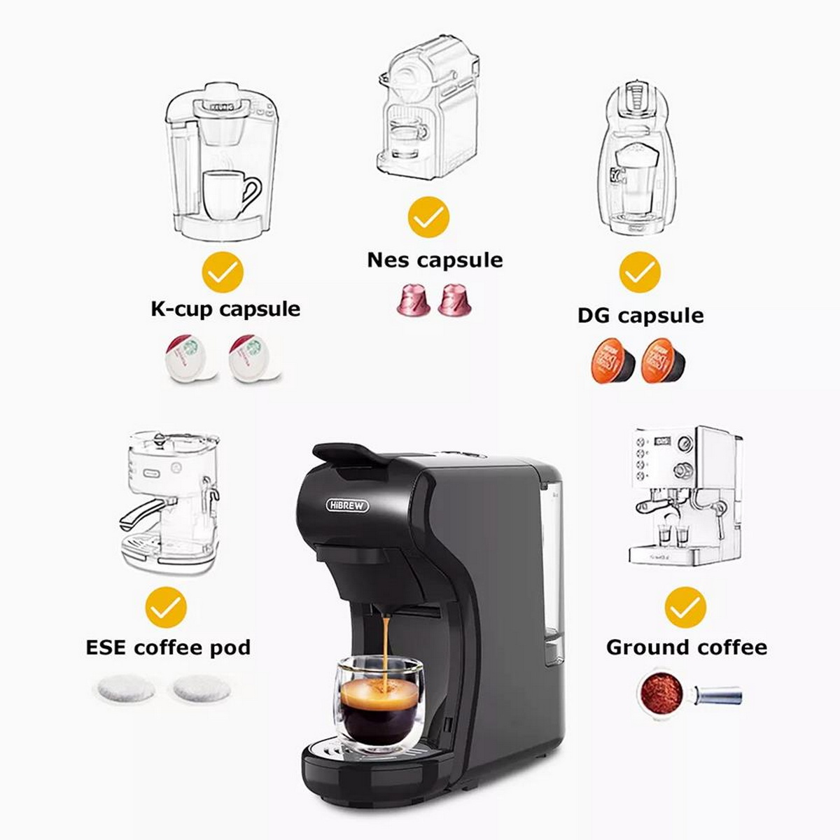 Cafetera con diferentes tipos de cápsulas de café. Una taza se llena con café.