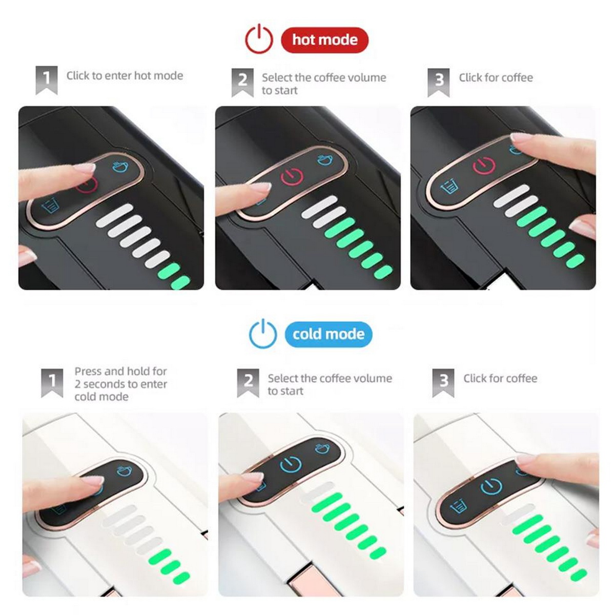 Schemat ekspresu do kawy z krokami dla trybu gorącego i zimnego. Widoczne przyciski i światła.