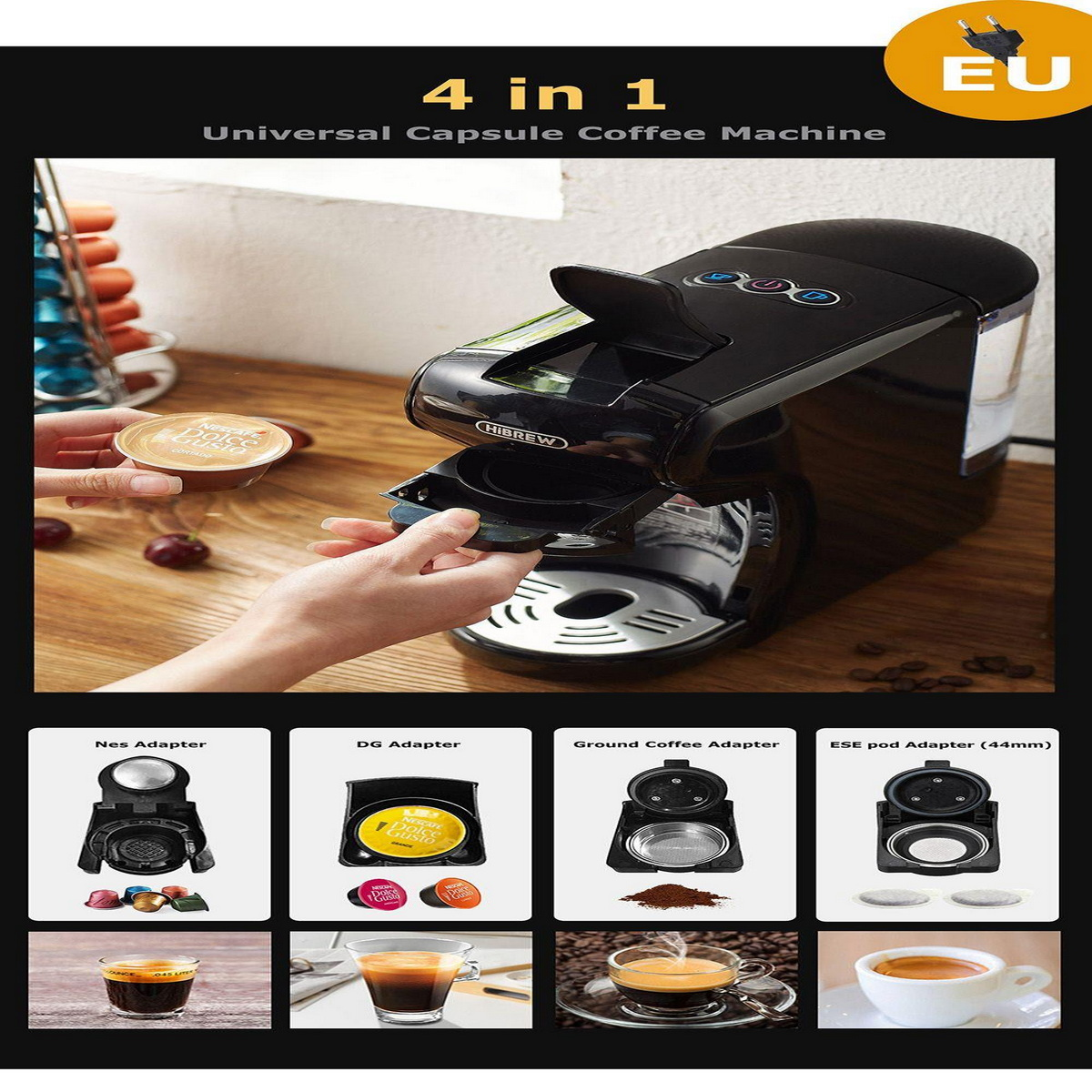 Una cafetera universal con adaptadores para diferentes cápsulas de café, se muestra una mano insertando una cápsula.