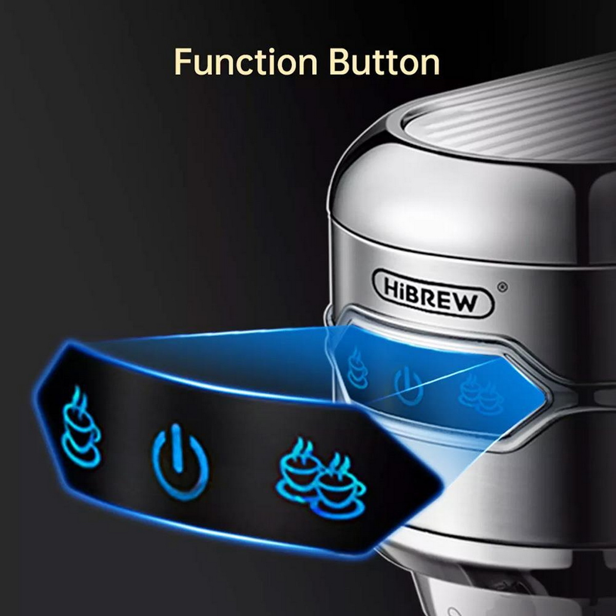 Zbliżenie ekspresu do kawy. Niebieskie światło wskazuje przycisk funkcyjny.