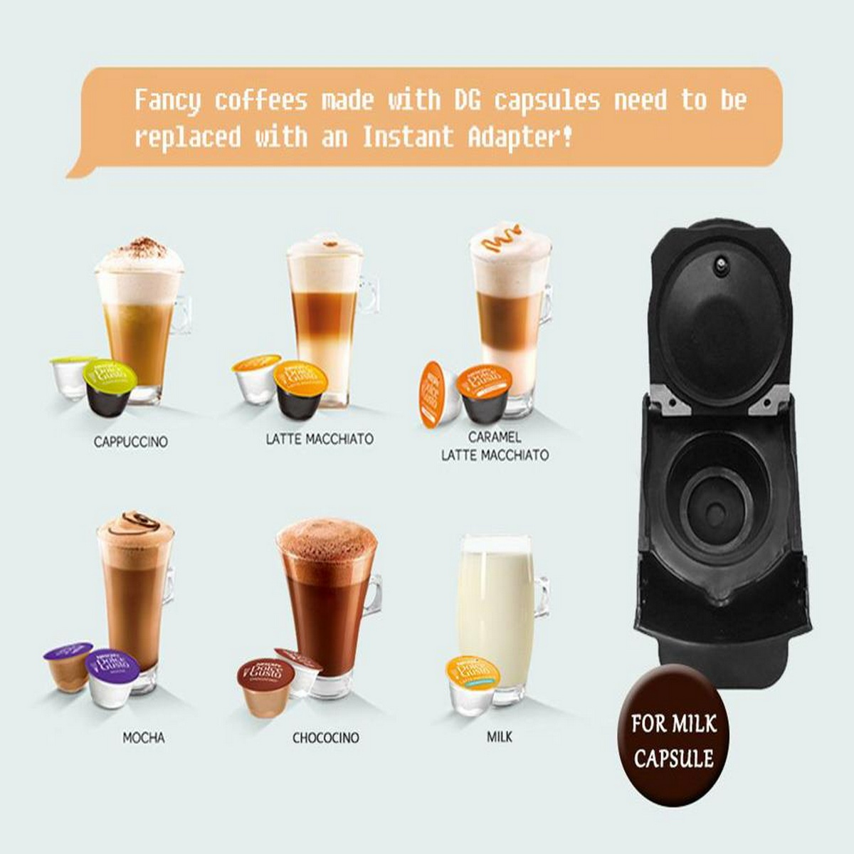 Varias bebidas de café y cápsulas. El texto dice que los cafés de lujo necesitan un adaptador.