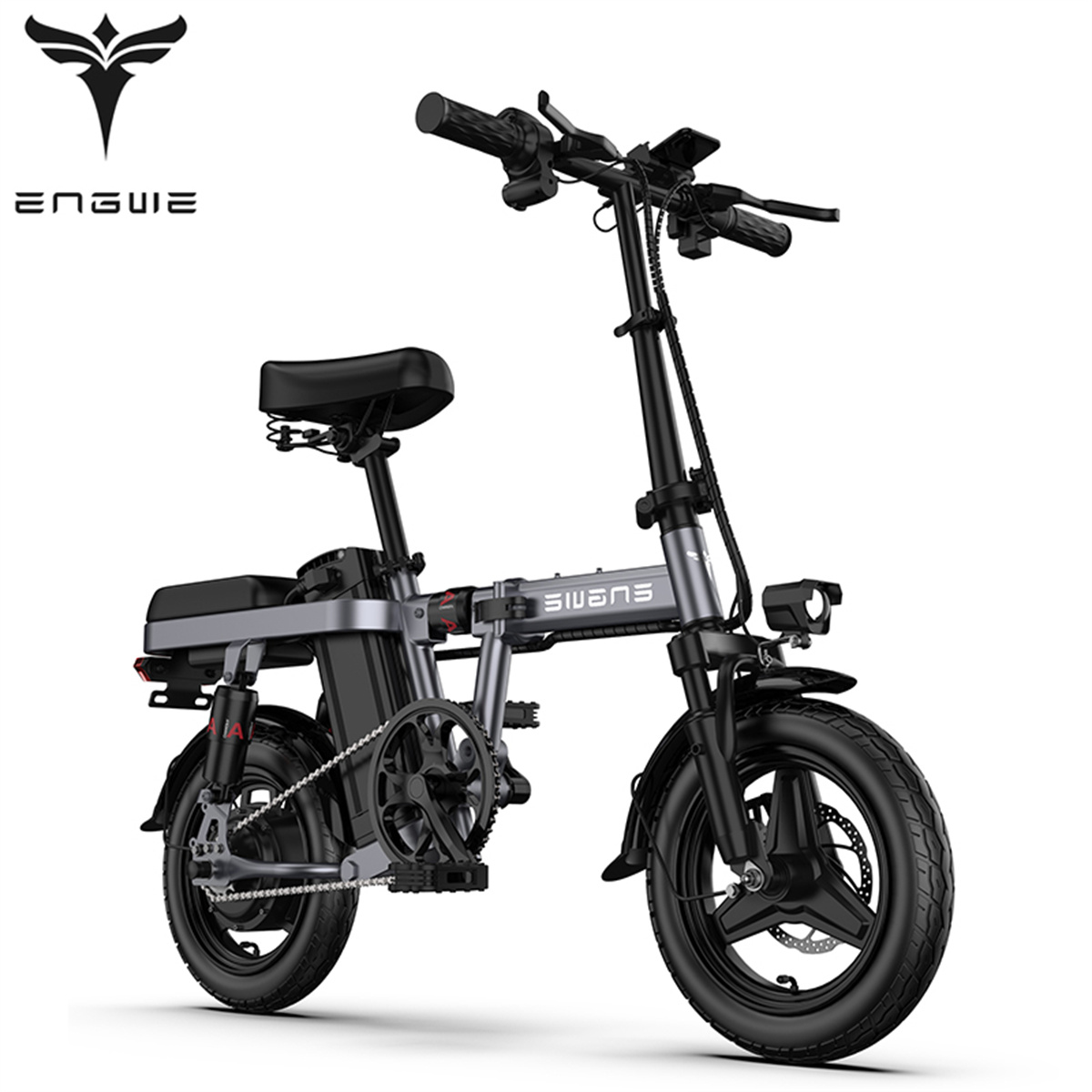 Bicicletta elettrica pieghevole nera e grigia con il marchio ENGWE su sfondo bianco.