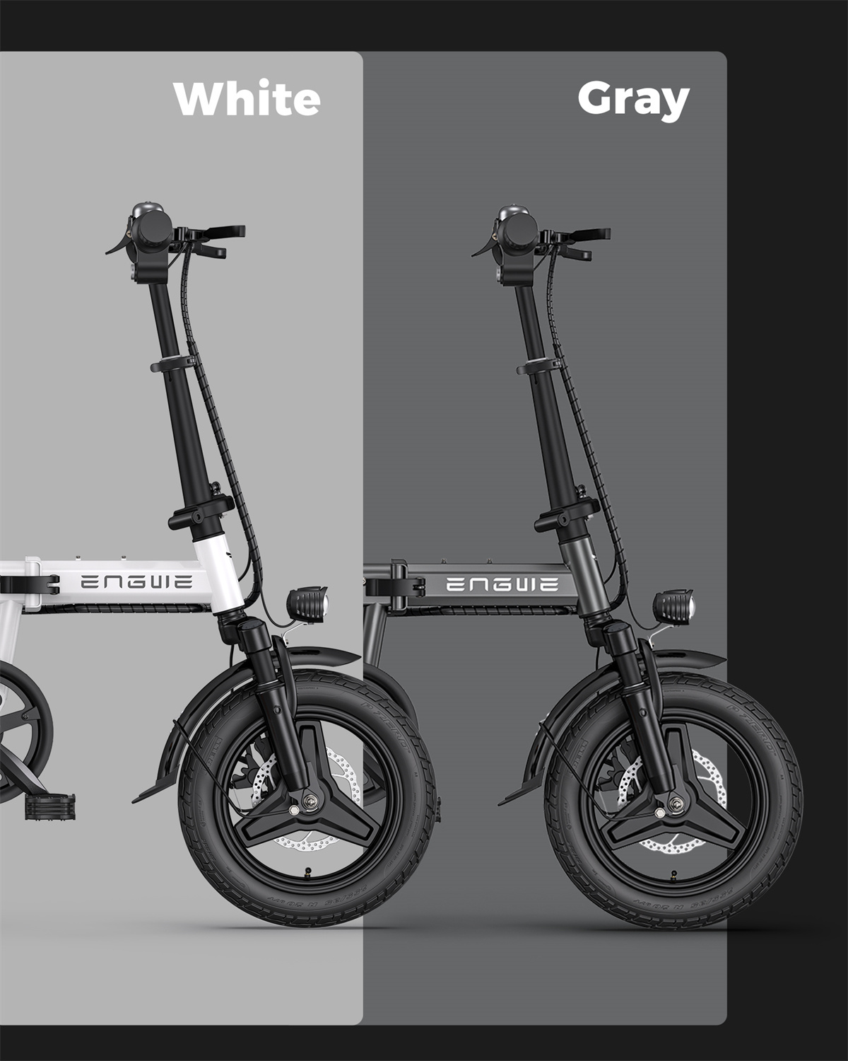 E-bike ENGWE pieghevoli bianche e grigie. Entrambe le bici hanno pneumatici, selle e luci anteriori neri.