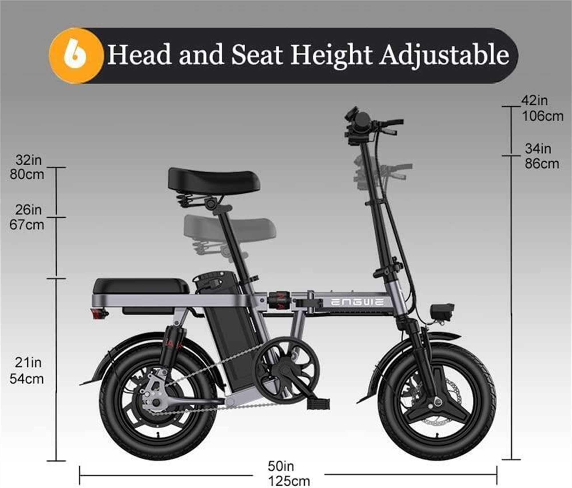 Bicicletta elettrica nera e argento, misure e testo sulla regolazione dell'altezza.