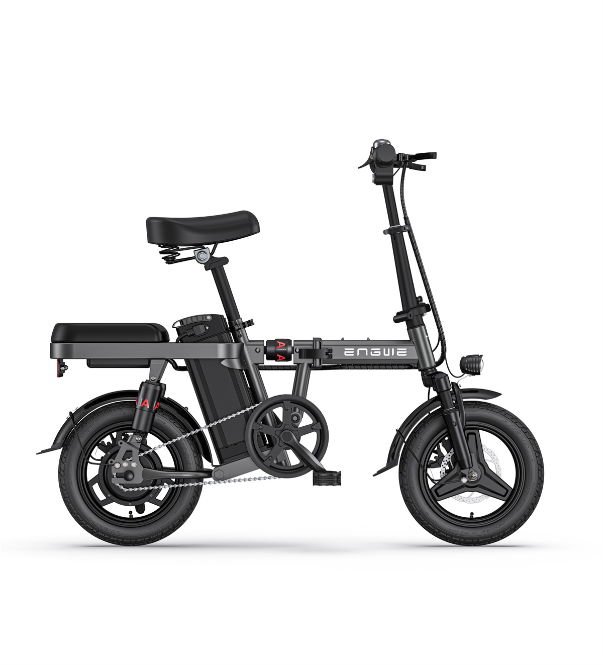 Bicicletta elettrica pieghevole, nera, con sella nera e motore sulla ruota posteriore.