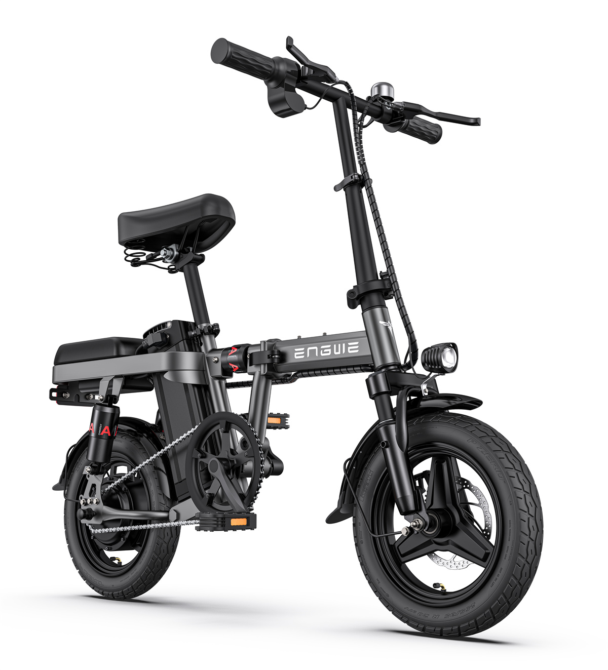 Bicicletta elettrica pieghevole. La bici è nera e grigia. Sfondo bianco.