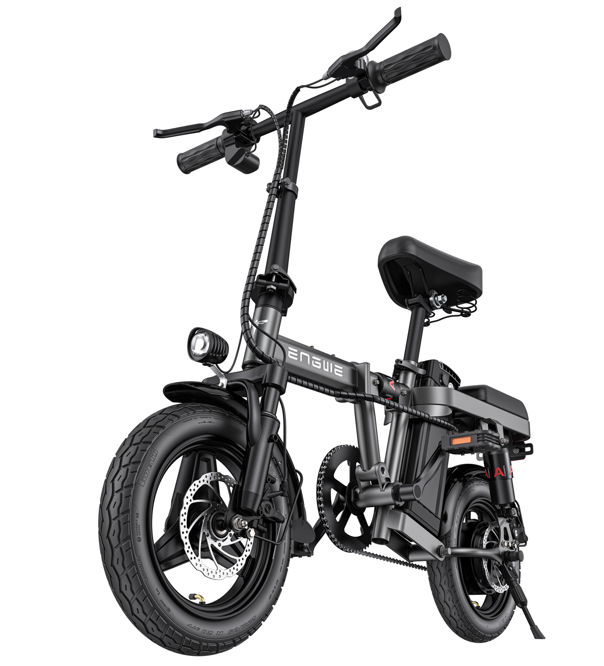 Una bicicletta elettrica pieghevole nera e grigia, vista frontalmente. Lo sfondo è bianco.