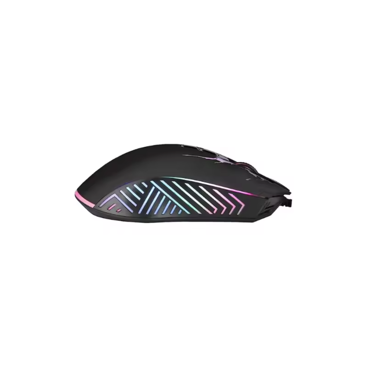 Ratón gaming negro con iluminación RGB. Diseño de rayas anguladas.
