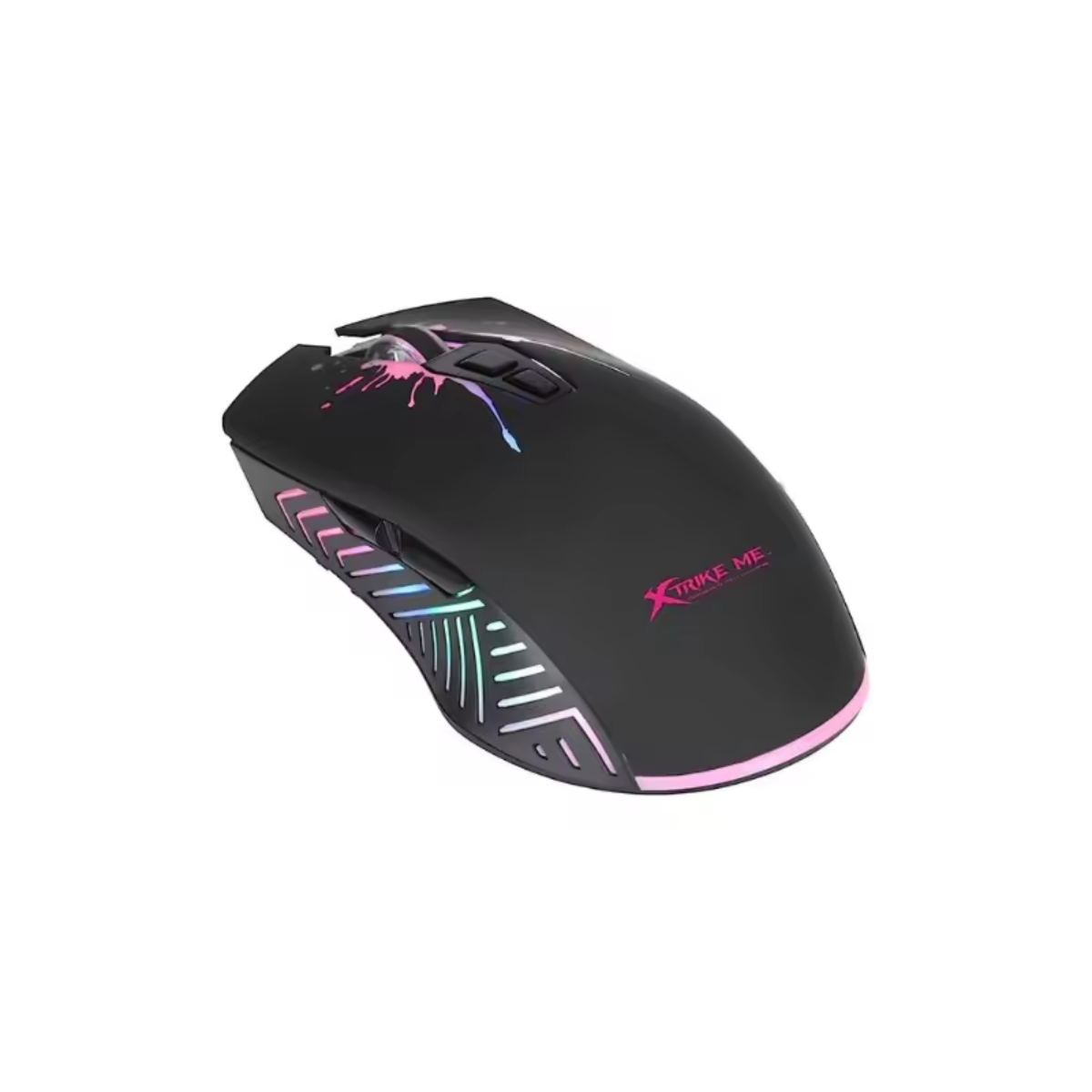 Un ratón gaming negro con luces coloridas y el texto 'XTRİKE ME' sobre un fondo blanco.