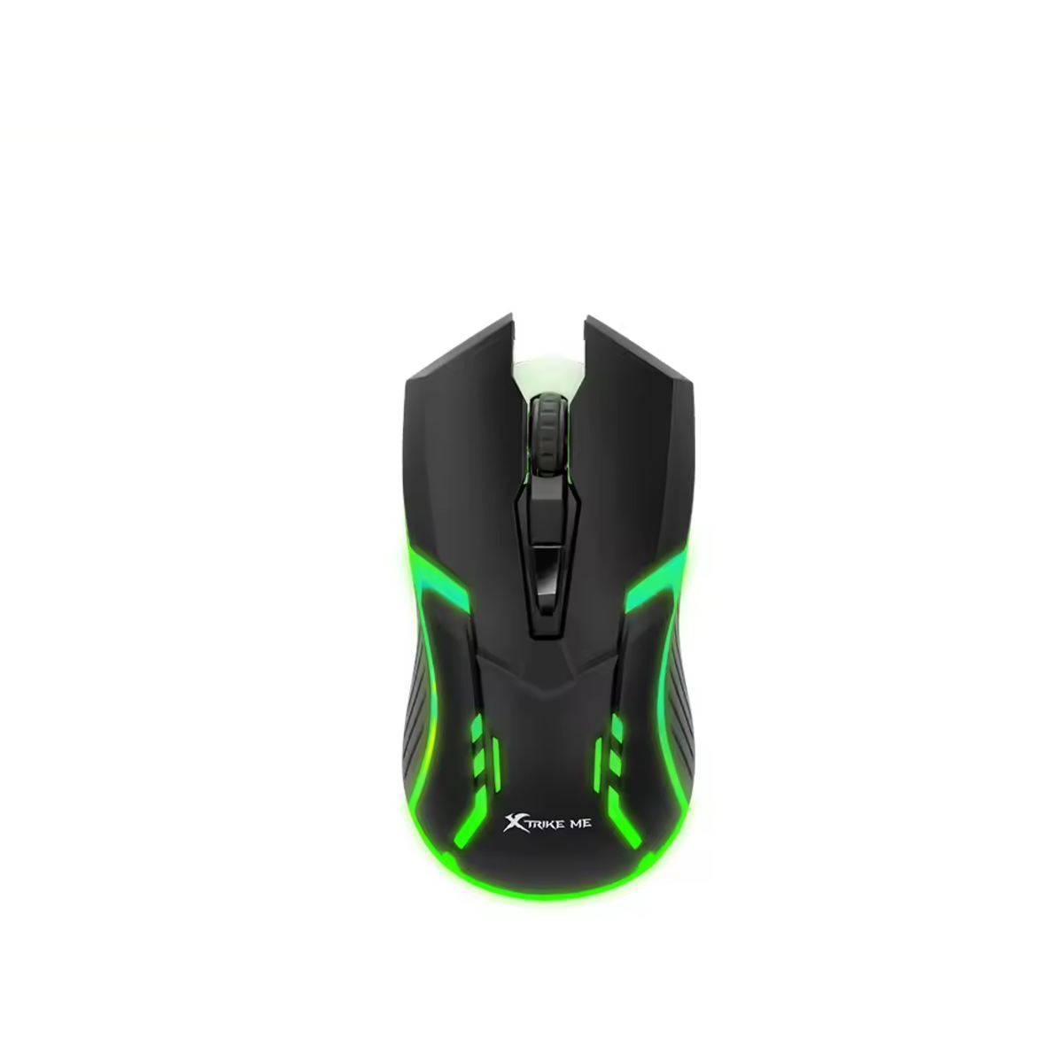 Ratón gaming negro con detalles verdes, logo iluminado y rueda de desplazamiento.