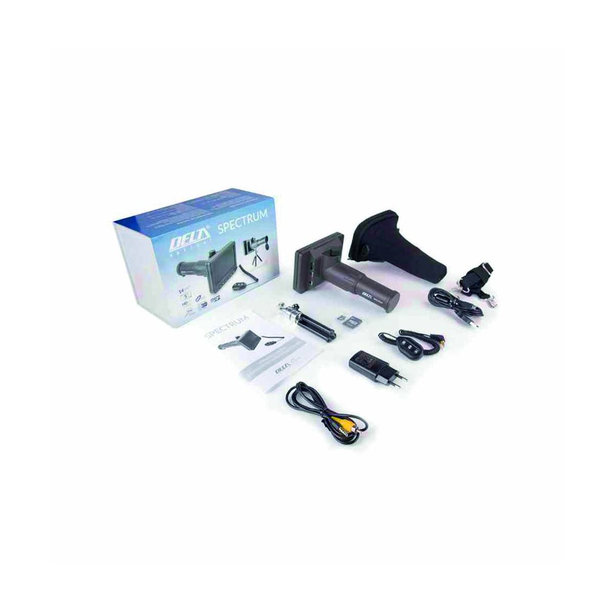 Caja y componentes de un dispositivo. Cables, conectores y un dispositivo pequeño.
