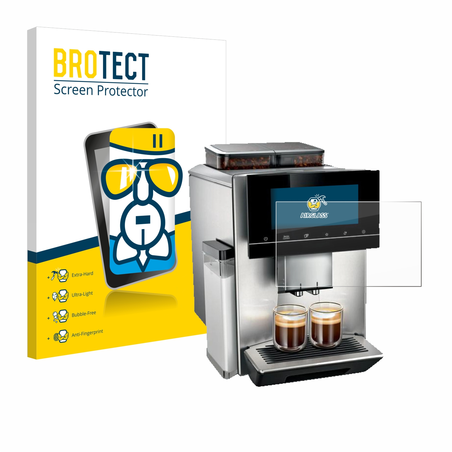 Silberne Kaffeemaschine mit Displayschutz, zwei Kaffeetassen, weißer Hintergrund.
