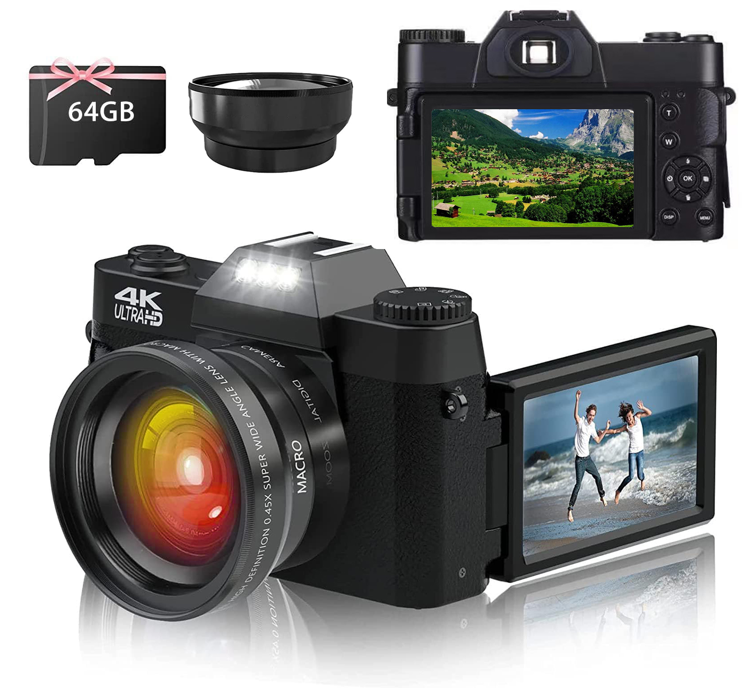 Digitalkamera 4K Digital 30FPS Kamera Schwarz FINE LIFE PRO 64G HD Speicherkarte
