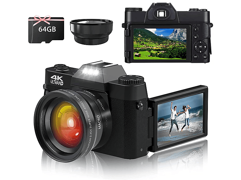FINE LIFE PRO 4K HD Digitalkamera 30FPS 64G Speicherkarte Digital Kamera Schwarz
