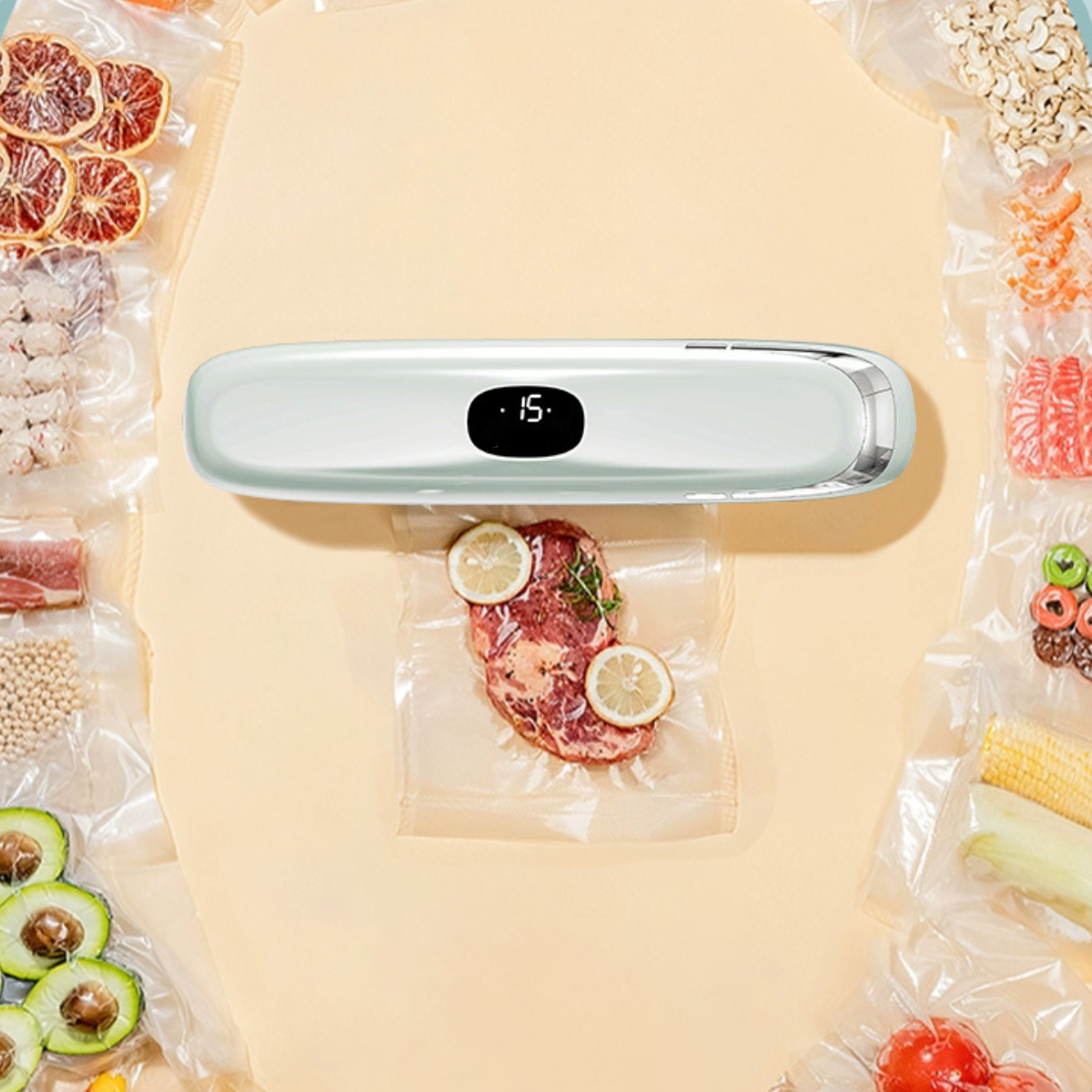 Vakuumversiegeler mit Display, umgeben von versiegelten Lebensmitteltüten. Enthält Steak und Zitronenscheiben.