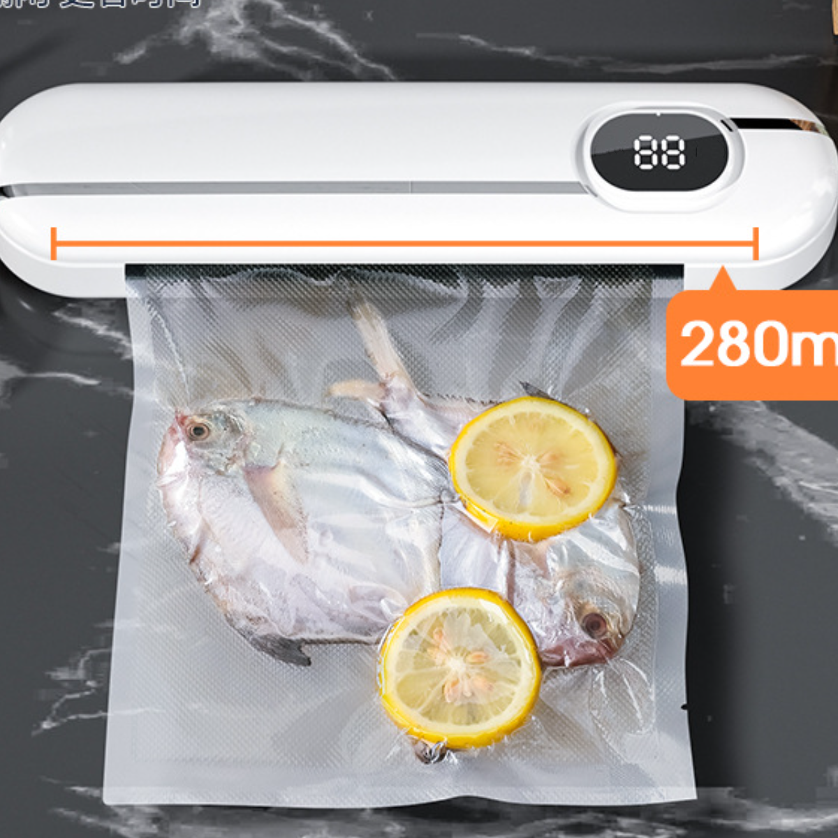 Vakuumiergerät mit Fisch und Zitronenscheiben in einem Beutel. Digitalanzeige zeigt '88'.