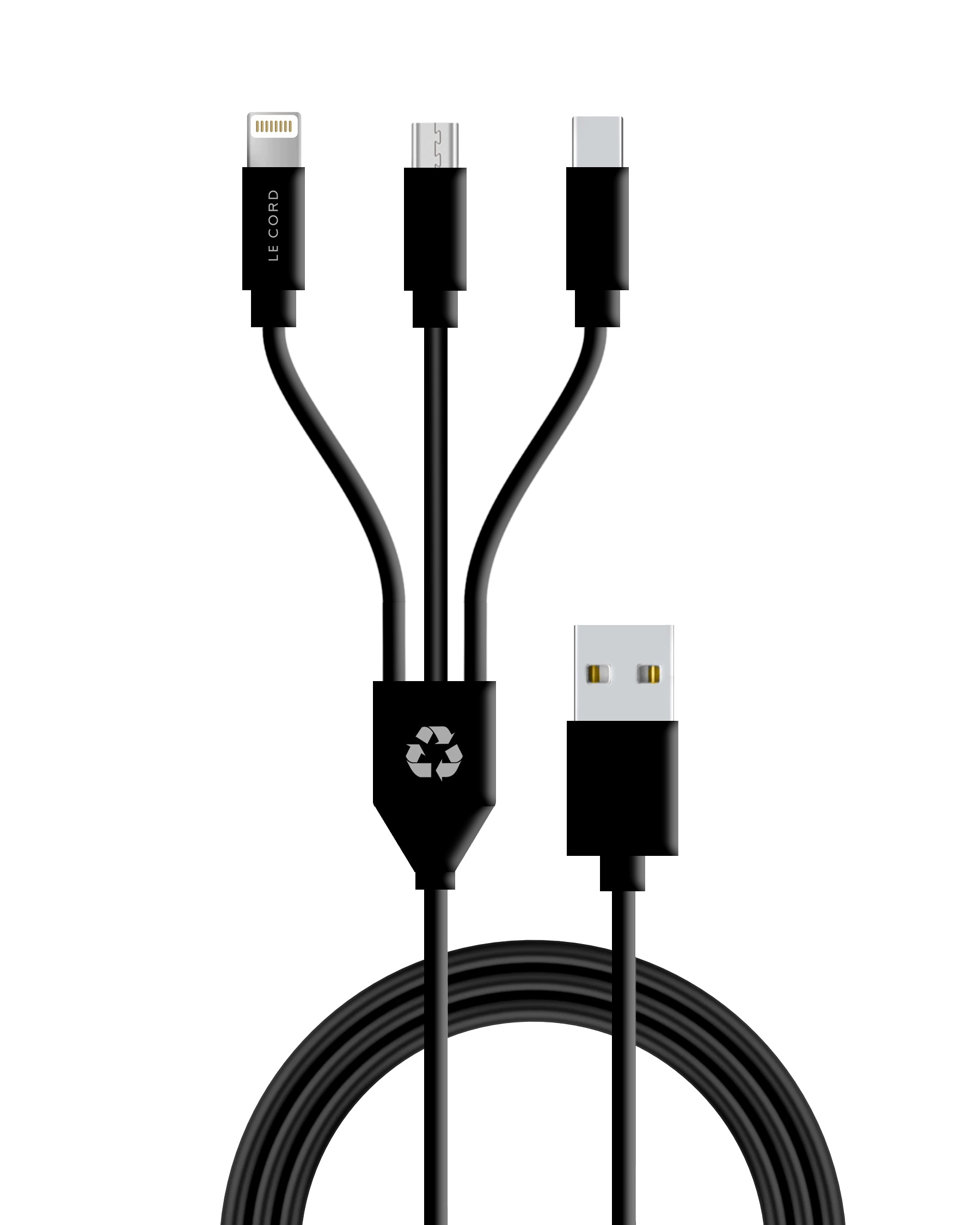 Ladekabel | CORD Stecker 3-in-1 | zu USB 1,2 USB A Lightning m, USB & Micro Recycling, C, Sync B LE schwarz
