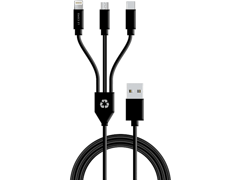 LE CORD Recycling, 3-in-1 Sync & Ladekabel USB A zu USB Micro B Stecker | Lightning  | USB C, 1,2 m, schwarz