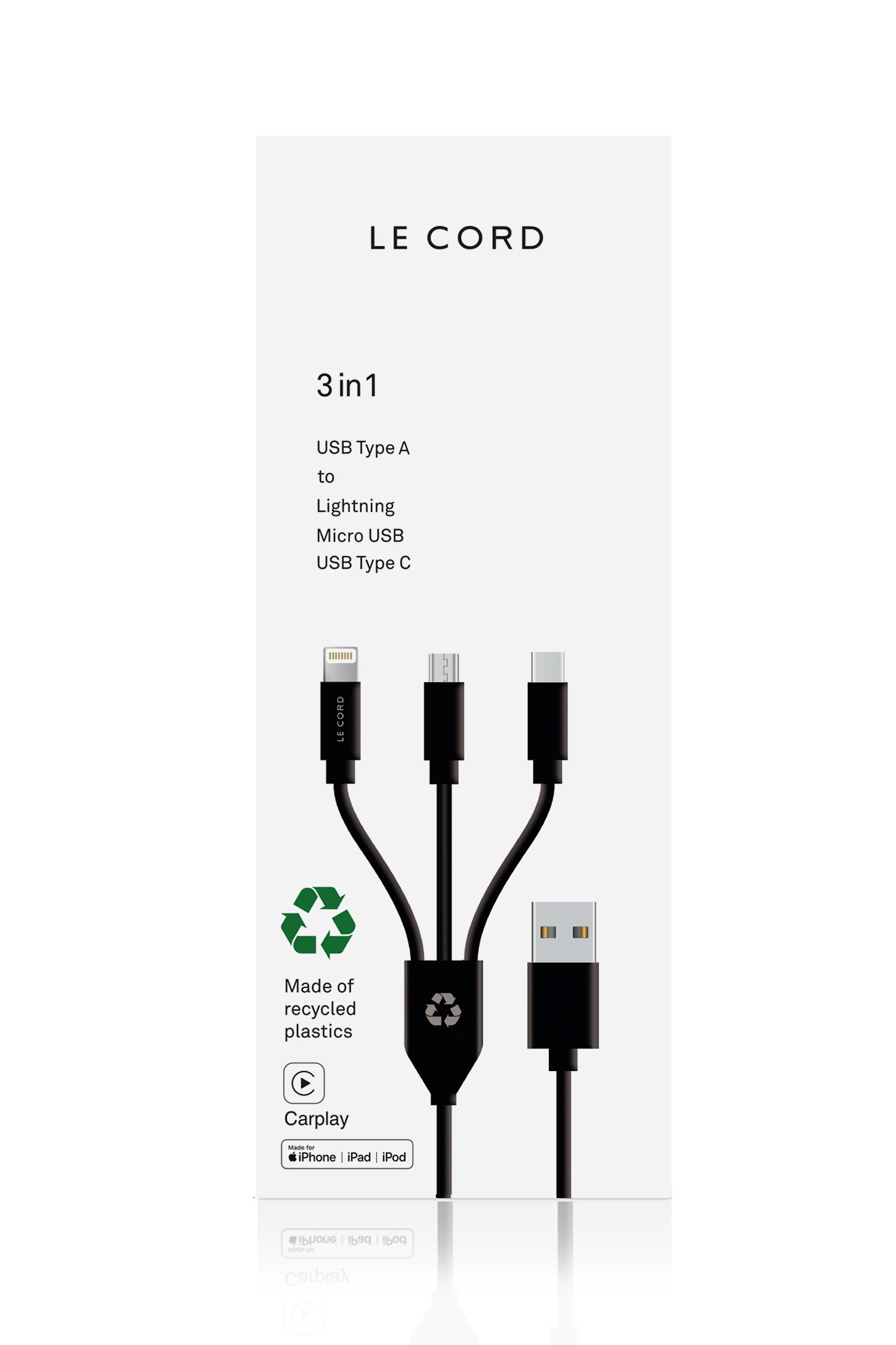 Ladekabel | CORD Stecker 3-in-1 | zu USB 1,2 USB A Lightning m, USB & Micro Recycling, C, Sync B LE schwarz