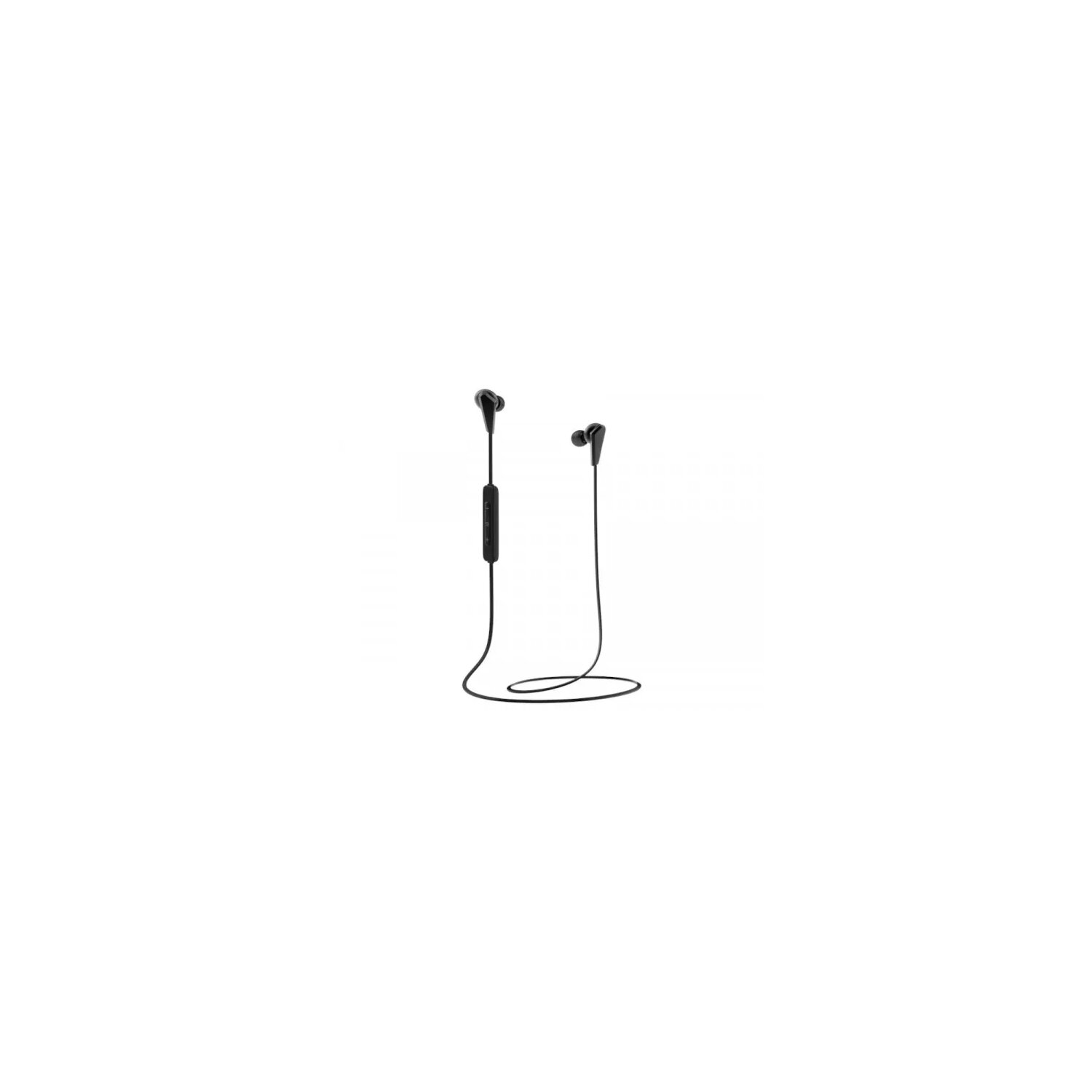 Schwarze kabellose Ohrhörer auf weißem Hintergrund. Die Ohrhörer sind durch ein Kabel verbunden.